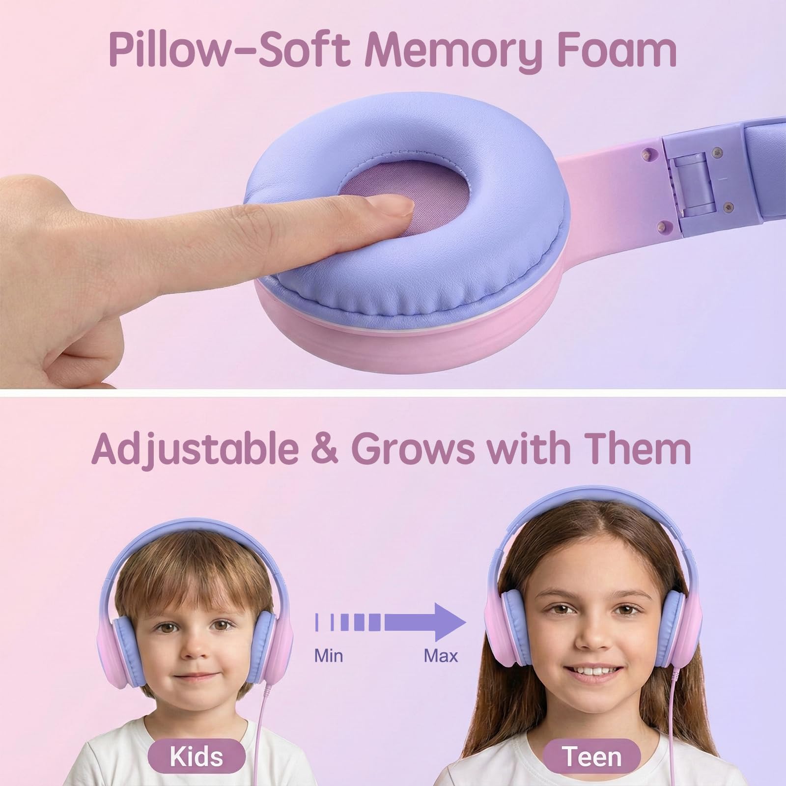 ADOOPE Cuffie cablate per bambini con spina USB C, volume sicuro 85 dB, archetto regolabile, senza grovigli, cuffie per scuola, tablet, viaggi (viola chiaro e rosa, senza microfono)
