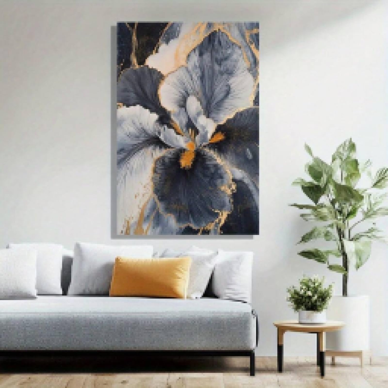 1 sztuka abstrakcyjny kwiatowy obraz na płótnie nowoczesna elegancka sztuka ze złotymi detalami i ciemnoniebieskimi tonami druk artystyczny do salonu biura 50 x 70 cm bez ramki