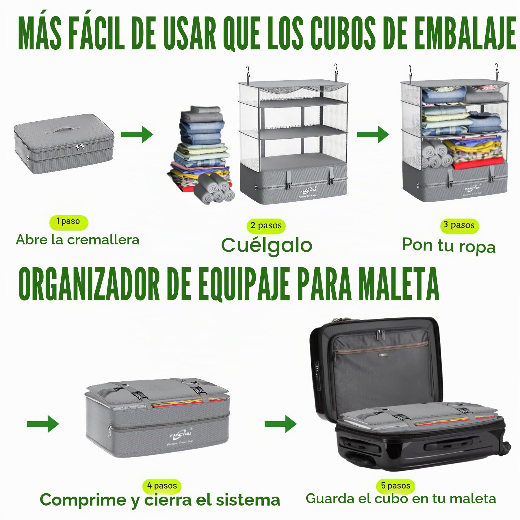 Cubos Colgantes para Organizar Maletas, Armario Portátil de Tela de Nylon Mejorada 44 * 30 * 65cm, Compresión para Embalar y Desembalar en un Solo Paso para Viajes de Negocios (Gris)