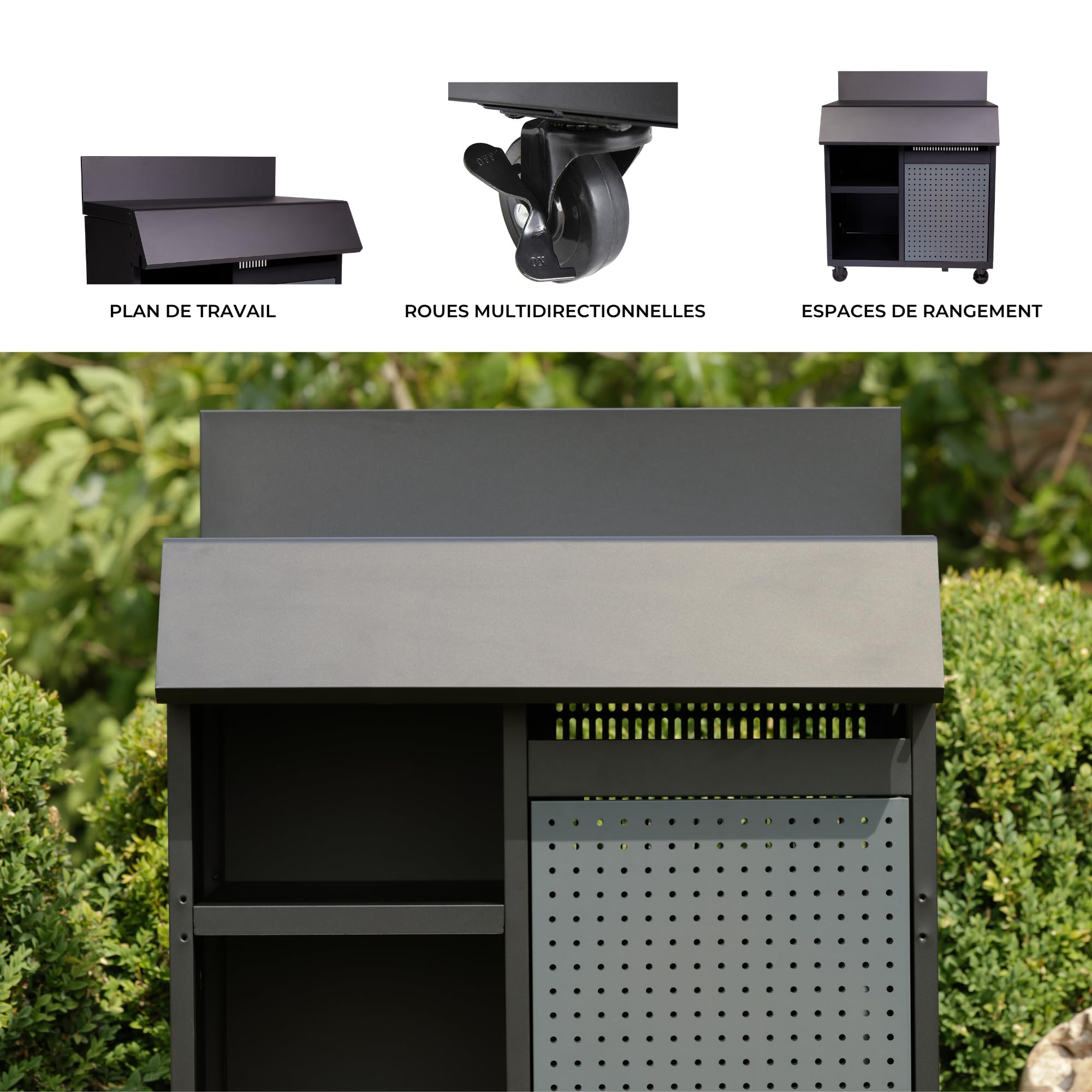Cook'in garden - Desserte Burn, Chariot avec Plan de Travail Compatible Barbecue et Evier, Meuble sur roulettes Facile à Déplacer, Grand Espace de Rangement, Acier Époxy, Noir