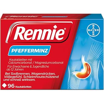 Rennie Peppermint I Against Heartburn I Works in Minutes I 96 Chewable Tablets | Even with fullness and acid belching. Suitab