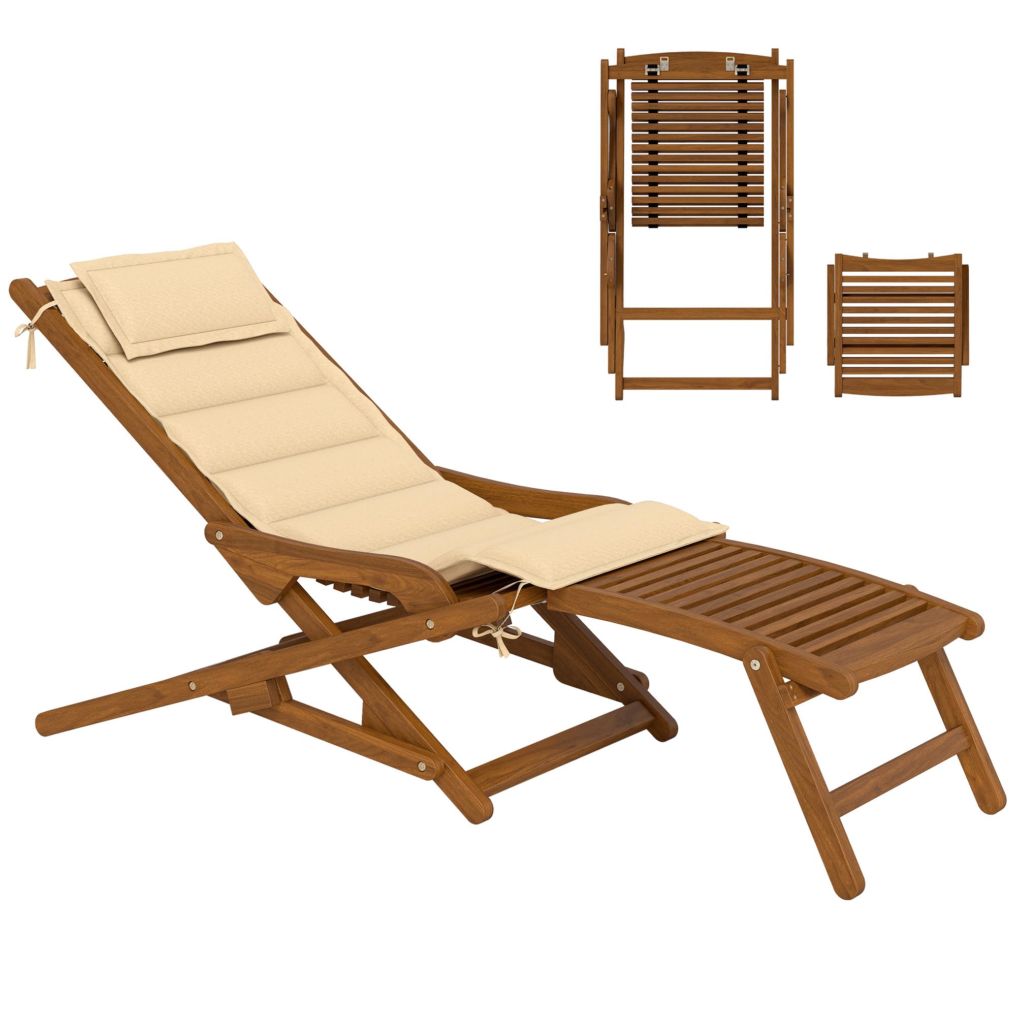 Outsunny Tumbona Silla Plegable de Madera de Acacia 158x61x70 cm Beige | Silla de Jardín Exterior, Reposapiés Desmontable, Cojín con Reposacabezas, Carga 160 kg, para Terraza, Patio, Playa