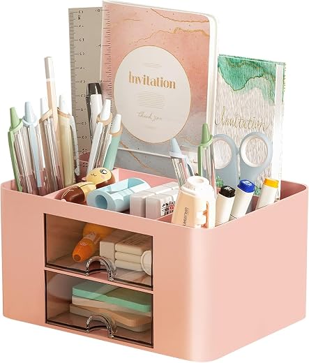 UCRAVO Office Desk Organizer with Drawer, All in One Office Supplies and Cool Desk Accessories Pen Holder, Enhance Your De