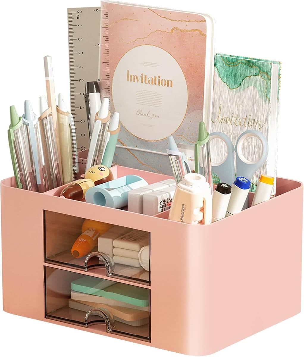 PINK Plastic desktop organiser with stationery compartments