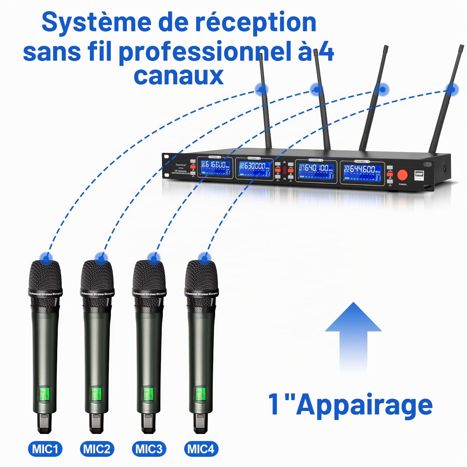 Microphones sans fil Depusheng portable dynamiques 4 canaux, kit karaoké, réception 100 mètres, idéal scène mariage