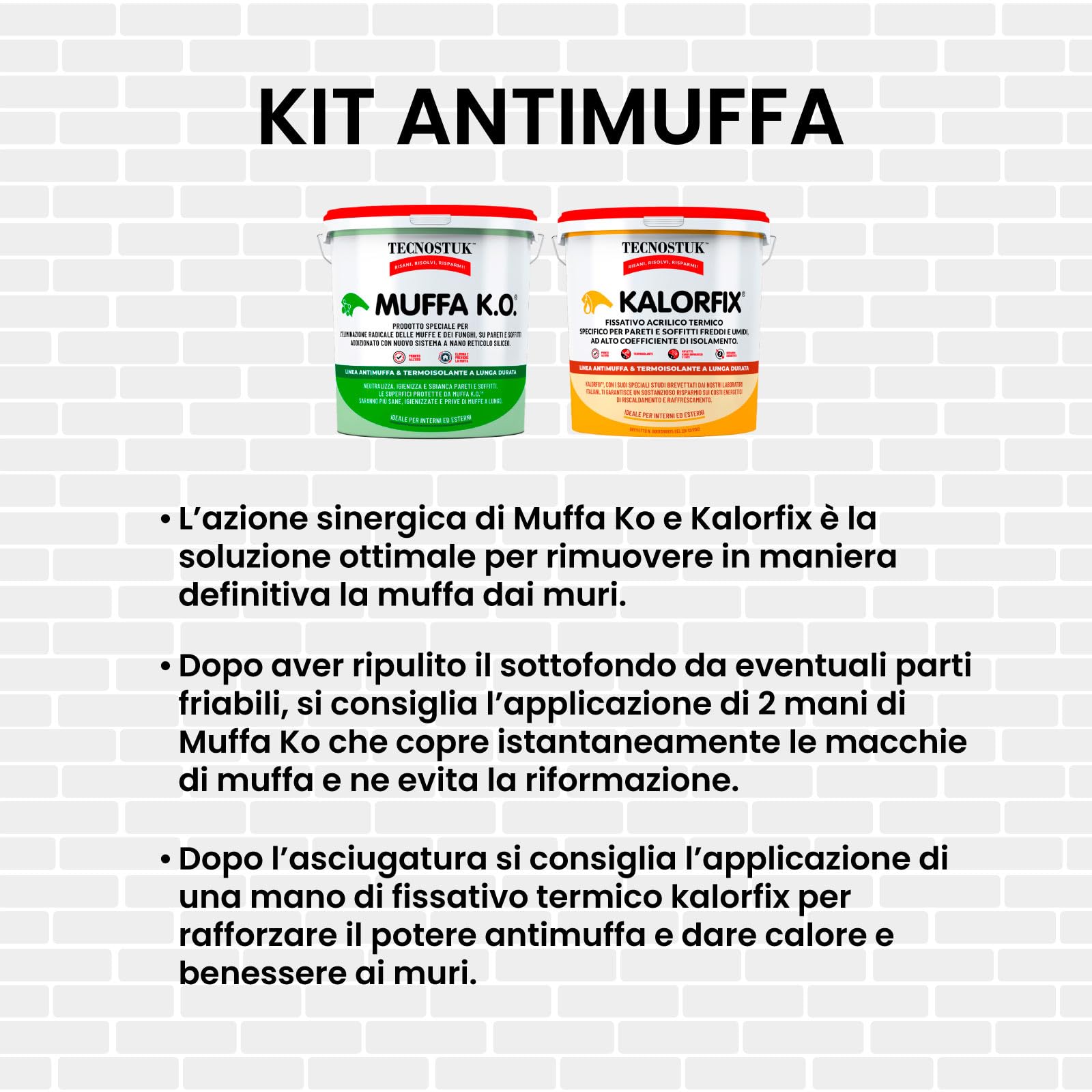 Tecnostuk Muffa KO - Fondo Antimuffa Sbiancante Muri Ecologico e Traspirante 3 lt + Kalorfix Fissativo Isolante Termico per Esterni e Interni Contro Muffa e Batteri 5 lt - Made in Italy