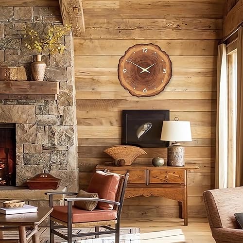 Miniatura 3 de XNM Reloj de pared de madera moderno para decoración de sala de estar, relojes de pared rústicos que funcionan con pilas, 12 pulgadas, anillo anual