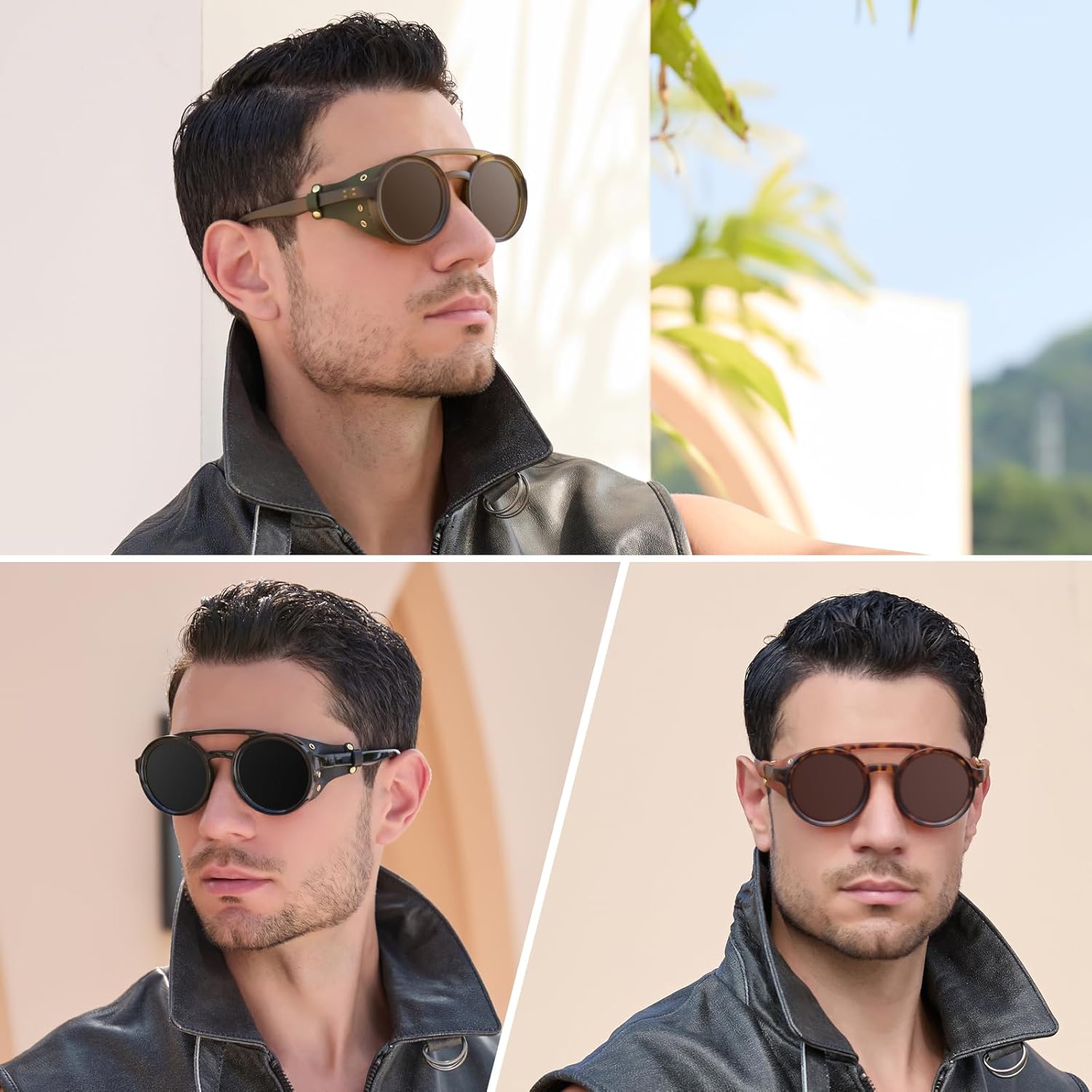 Retro Aviator Steampunk Polarized Sunglasses with Leather Side Shield Vintage Goggles Gothic Eyewear for Men Women - Image 4