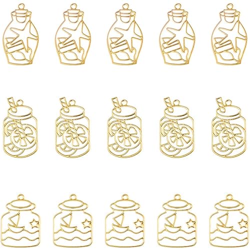 OLYCRAFT 15pcs Wishing Bottle Open Bezel Charms 3-Style Alloy Frame Pendants Color-Lasting Hollow Resin Frames with Loop for Resin Jewelry Making - Gold