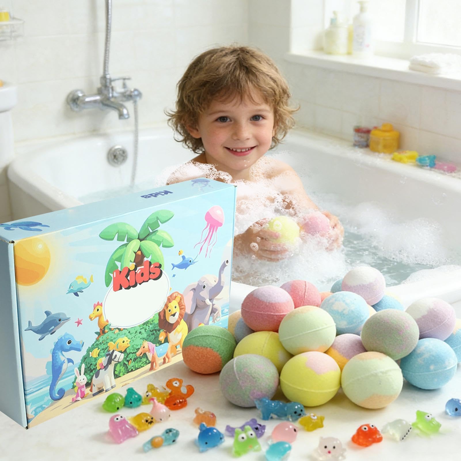 Badekugel: Badebomben-Set mit natürlichen Blasen, Badekugeln für Kinder, 24-teilig, mit Spielzeug, Duschset für Körperpflege, Pumpengeschenk für Kinder, Mädchen, N