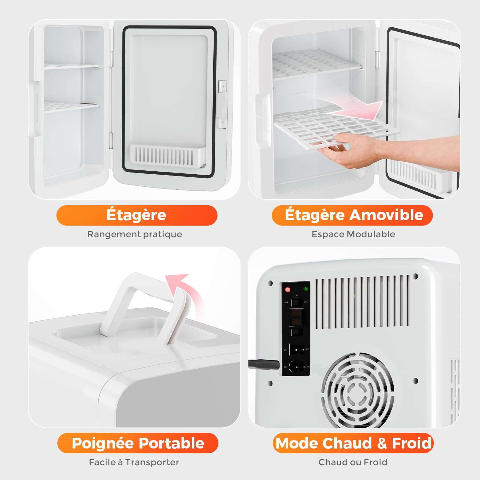 YASHE Mini Frigo de Chambre, Mini Frigo 10 Litres/ 12 Canettes, Fonction Chaud et Froid, Frigo Mini 220V CA/12V CC, Silencieux, pour Boissons, Cosmetique, Bureau, Dortoir, Voiture, Blanc