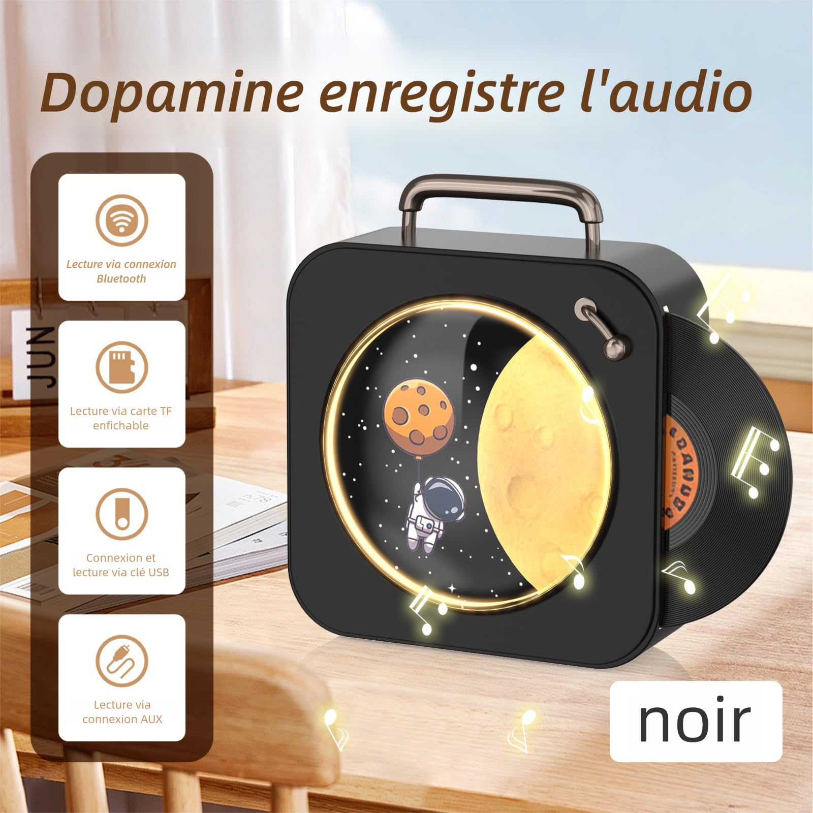 Son Cosmic Melody Starlight, thème de l'espace, lumières LED, audio Bluetooth, style vinyle rétro + Bluetooth/U Disk/TF Card Playback 1800mAh Long-lasting Battery Multifunctional Sound