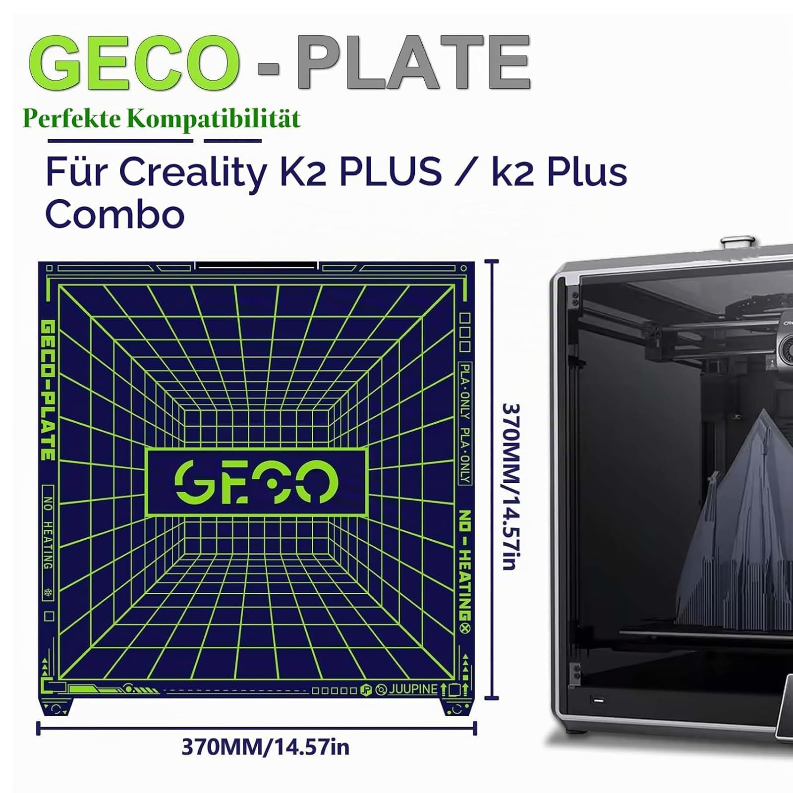 Plaque froide GECO PLA, mise à niveau, (pas de chauffage) pour imprimante 3D Creality K2 Plus, 370 x 370 mm, acier à ressort magnétique, 0 ℃