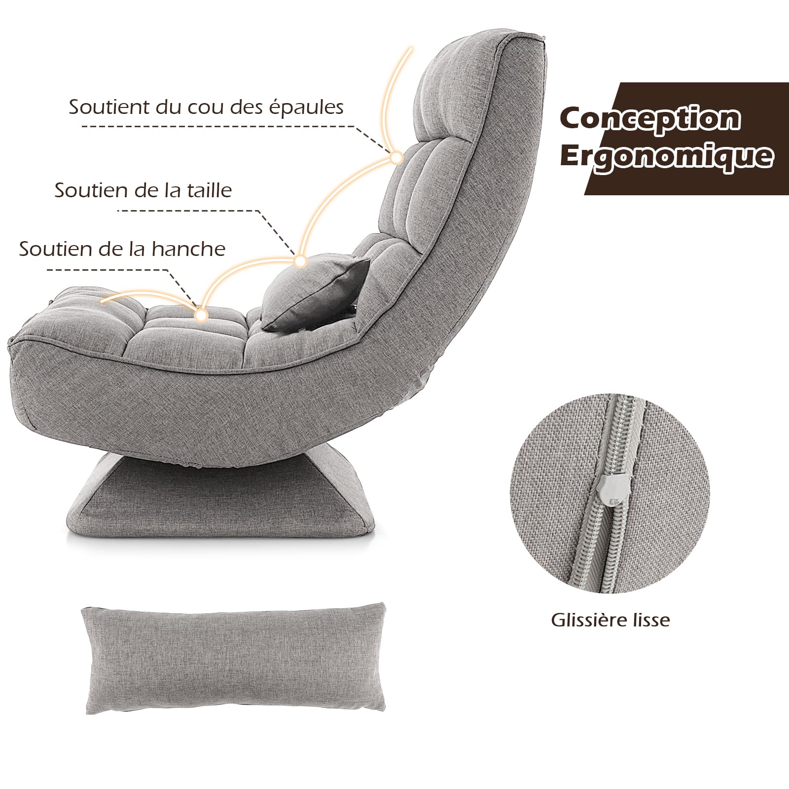 RELAX4LIFE Chaise de Sol Pliable Réglable en 5 Positions, Fauteuil au Sol à 360° et Cadre en Fer Robuste,Chaise de Meditation pour Lire, Reposer (Gris | Style 2)