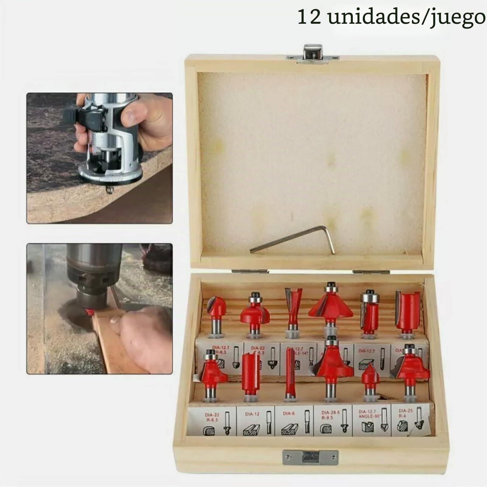 Juego de 12 fresas para fresadora de 6 mm, mango de 6 mm, fresa de ranura, fresa de perfil, fresa superior, juego con maletín de madera para trabajar la madera (rojo)