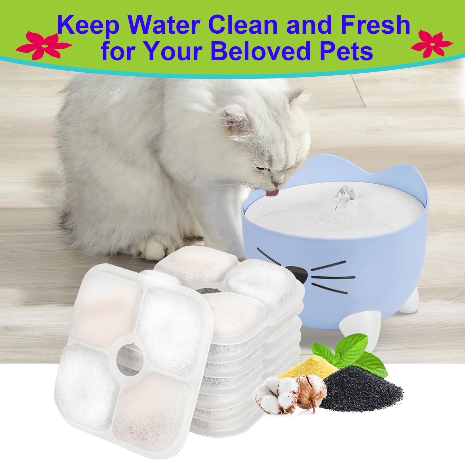 Filtro de fuente de agua para gatos, filtros de fuente de gato de repuesto para fuente de agua PIXI para mascotas, paquete de 12 filtros de fuente de mascotas, 3 mangueras de bomba