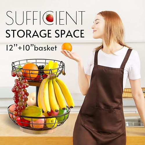 Miniatura 2 de Cesta de frutas de 2 niveles, cesta de metal con base de madera, almacenamiento de frutas y verduras con colgador de plátano, cesta de frutas para