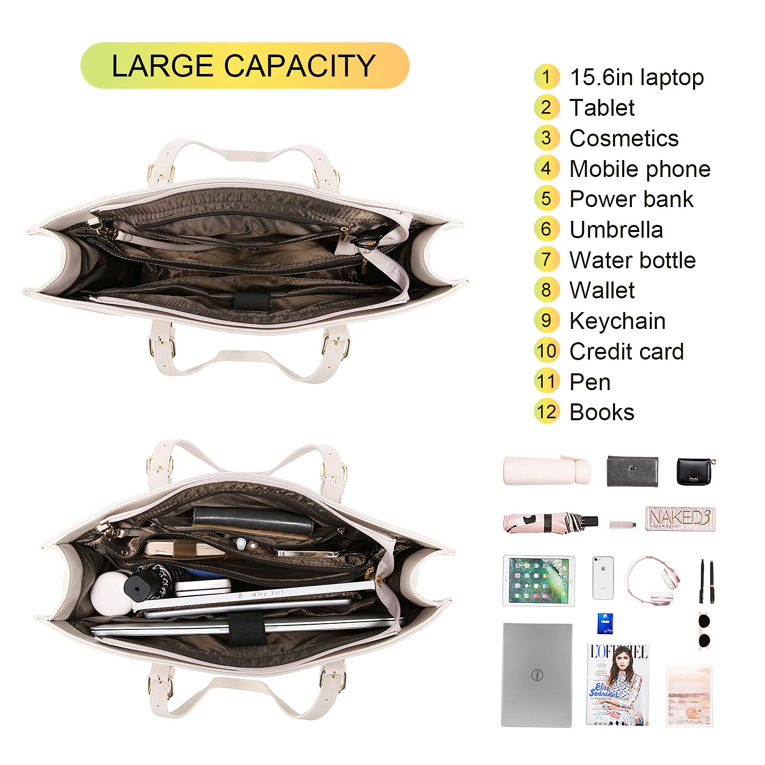 LOVEVOOK Laptop Bag for Women, Fashion Computer Tote Bag Large Capacity Handbag, Leather Shoulder Bag Purse Set, Professional Business Work Briefcase for Office Lady, 2PCs, 15.6-Inch, Beige White