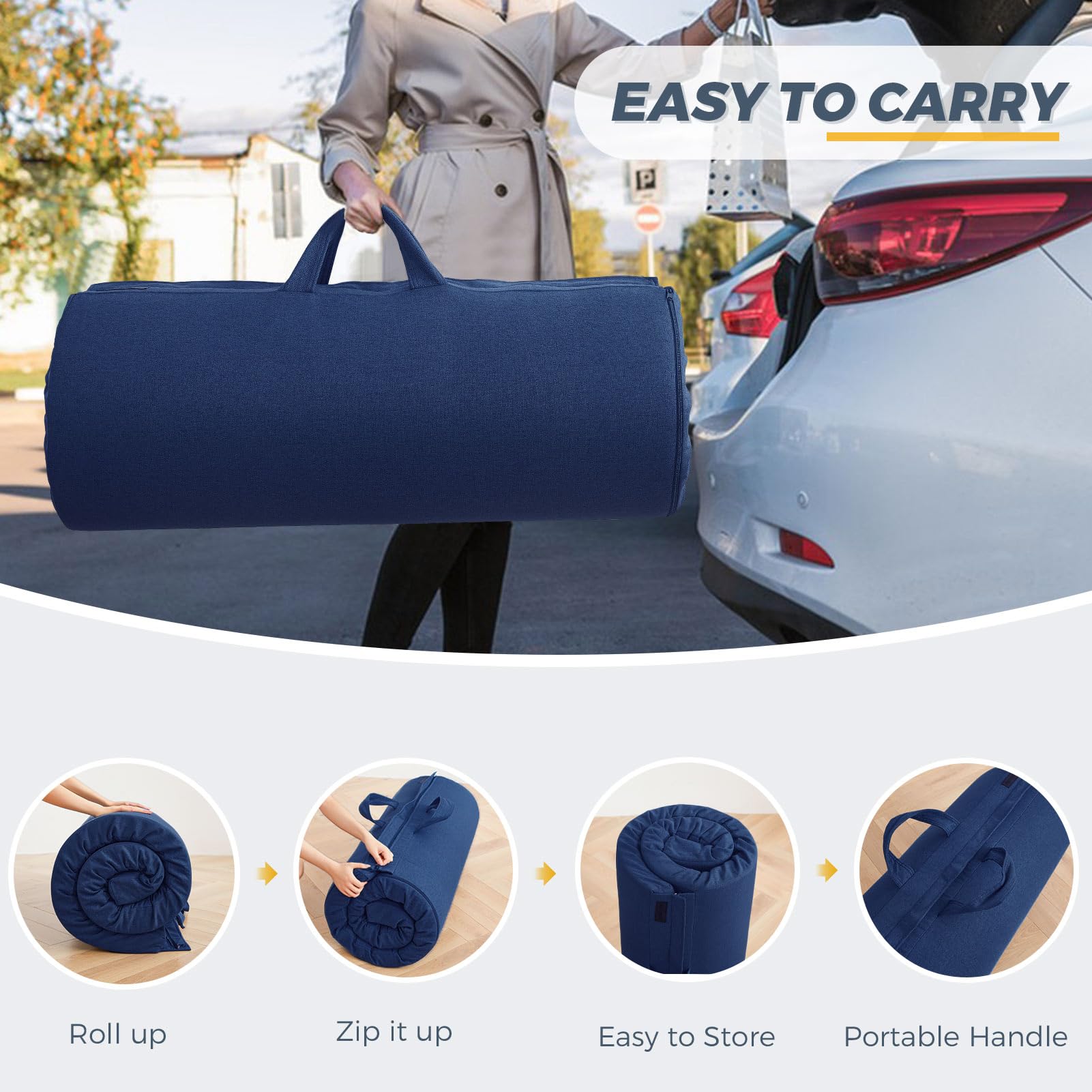 MAXYOYO Matelas Futon Portable, Pliable, en Tissu Hypoallergénique et Mousse épaisse, avec Poignée et Fermeture éclair, pour l'extérieur, Le Camping, Les Invités, la Voiture, Bleu Marine, 90x190cm
