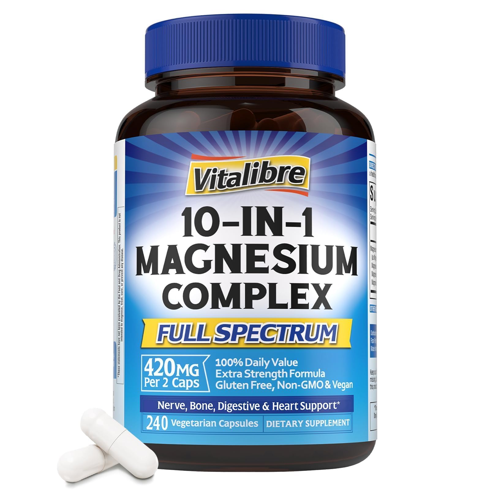 10 in 1 Magnesium Complex, 420mg Elemental Magnesium | Ultra Strength, Max Absorption | Chelated Magnesium Supplement for Nerves, Bone & Heart Health | Non-GMO, 240 Vegan Capsules