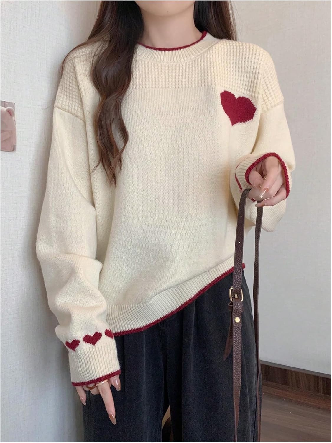 GORGLITTER Women's Heart Sweater Long Sleeve Crew Neck Cute Knitted Valentines Pullover Jumper Tops Fall Trendy - Image 2