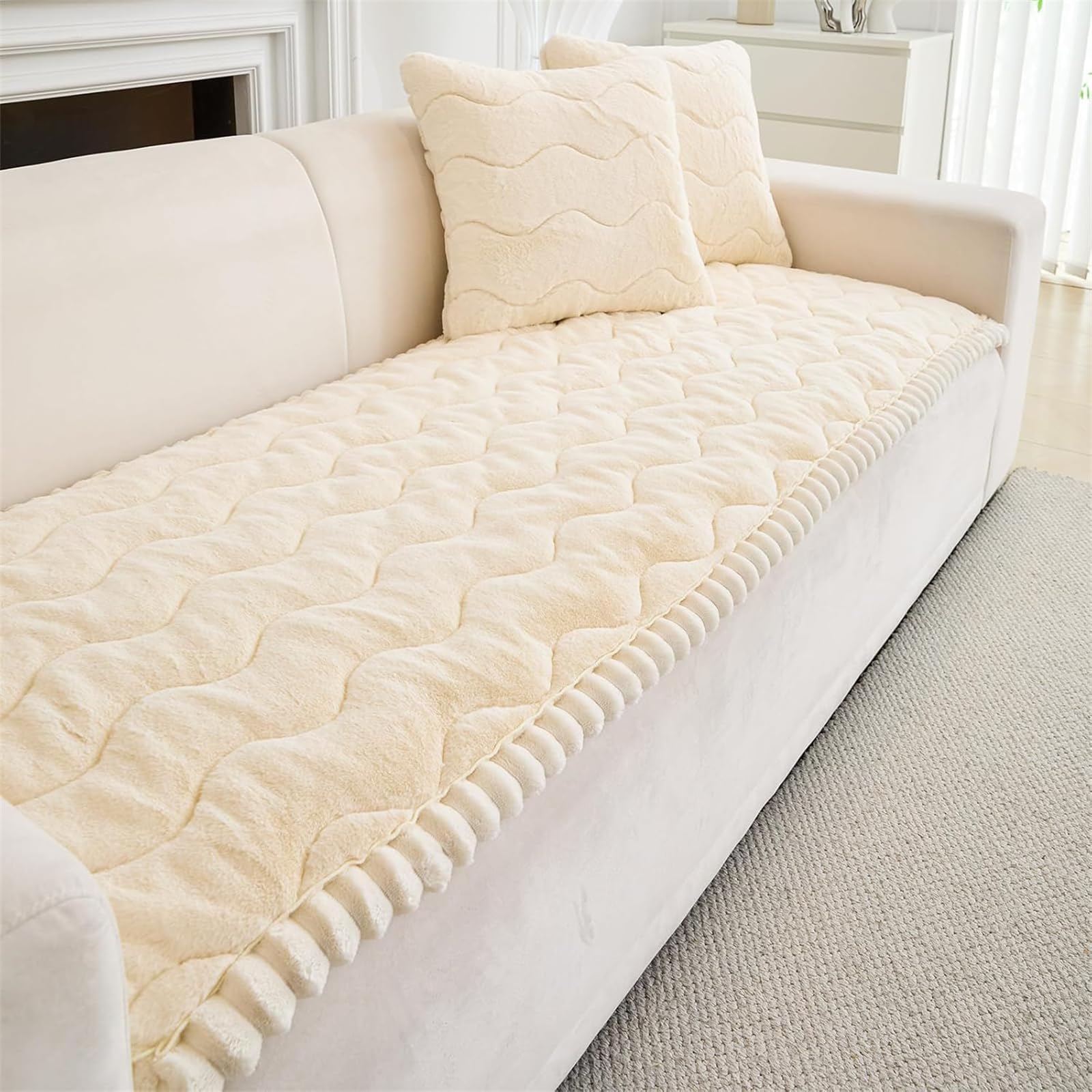 LINGKY Sofa Covers 1 2 3 4 Seater Non Slip Sofa Slipcovers Super Soft & Thick Faux Mink Velvet Sofa Cushion Covers Couch Covers Sofa Protectors from Pets/Kids/Dogs (Beige White, 90x210cm) — image 1