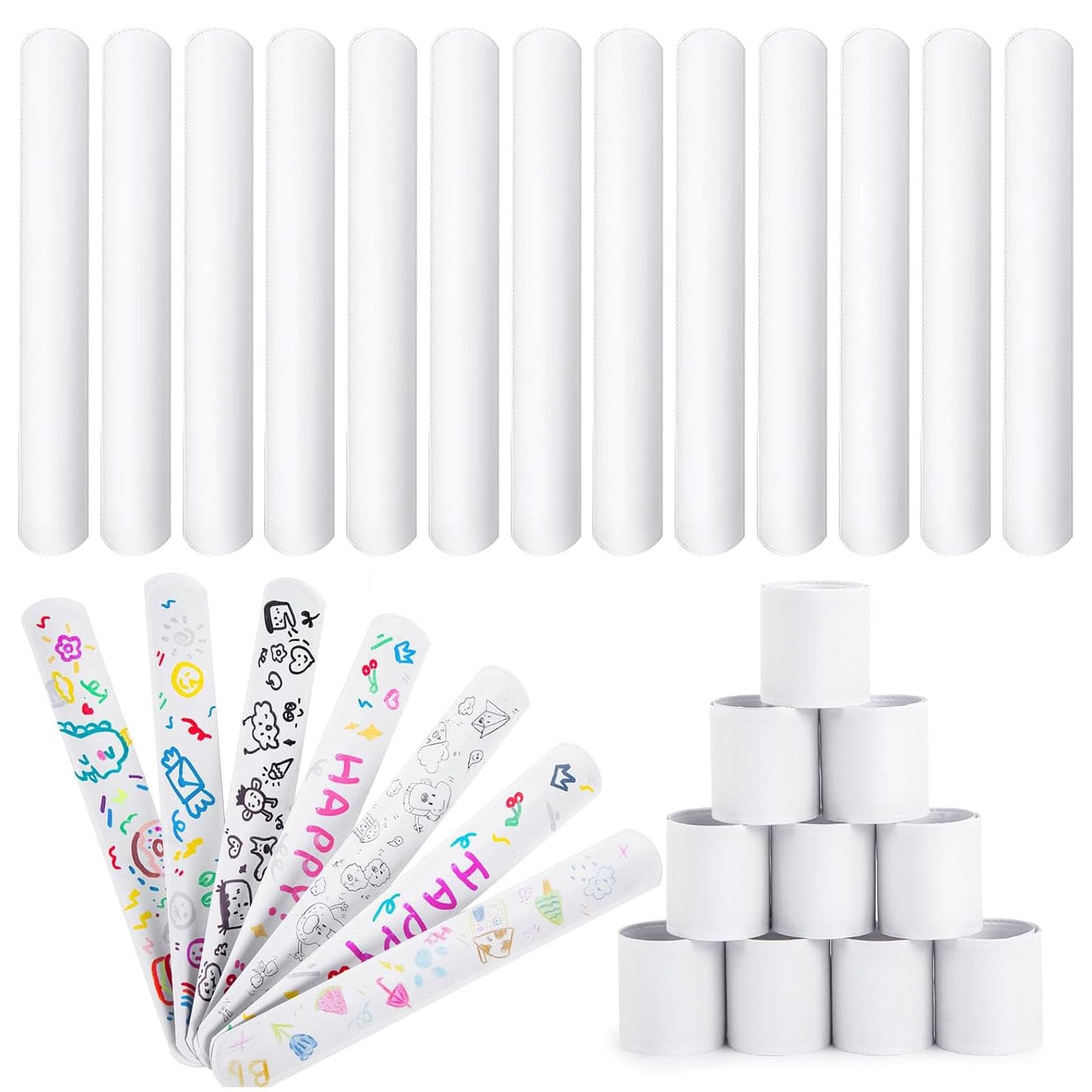 LovesTown 48PCS Slap Bracelets White, Party Slap Bracelets DIY Wrist Bands Bulk Blank Snap Band for Kids Birthday Party Favors School Crafts