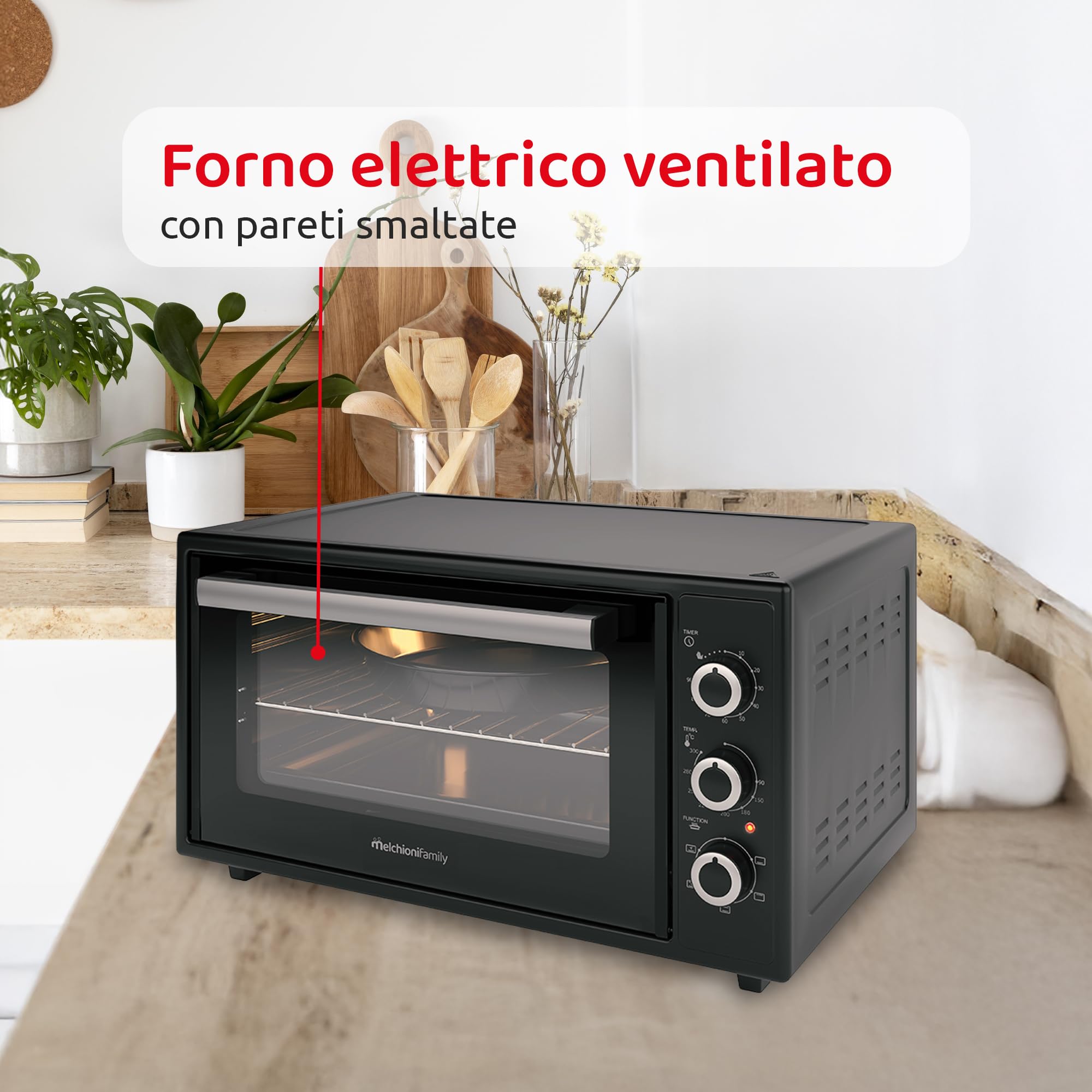 Melchioni Family Forno Elettrico 45 Litri - Alta Temperatura 300°C - Timer 60 Minuti - Luce Interna - Funzione Ventilata per Cottura Uniforme - Ideale per Pizza e Arrosti - 2000W - Nero