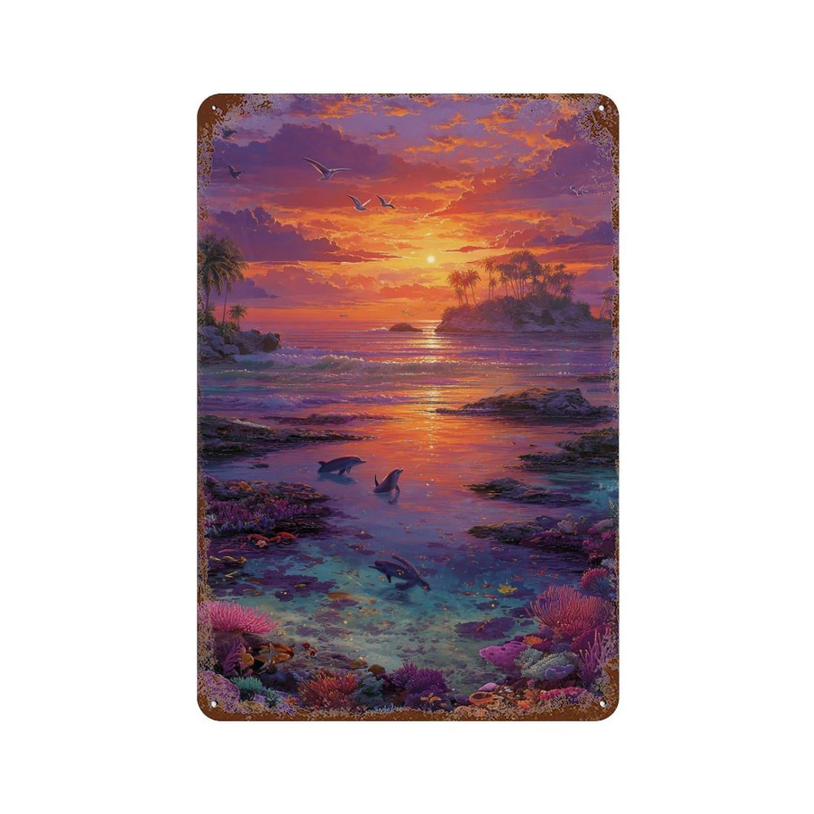 Garage Style Sunset Coral Reef Paradise Rust Effect Tin Sign 11.8"x7.9", Classic Wall Plaque for Bar And Workshop
