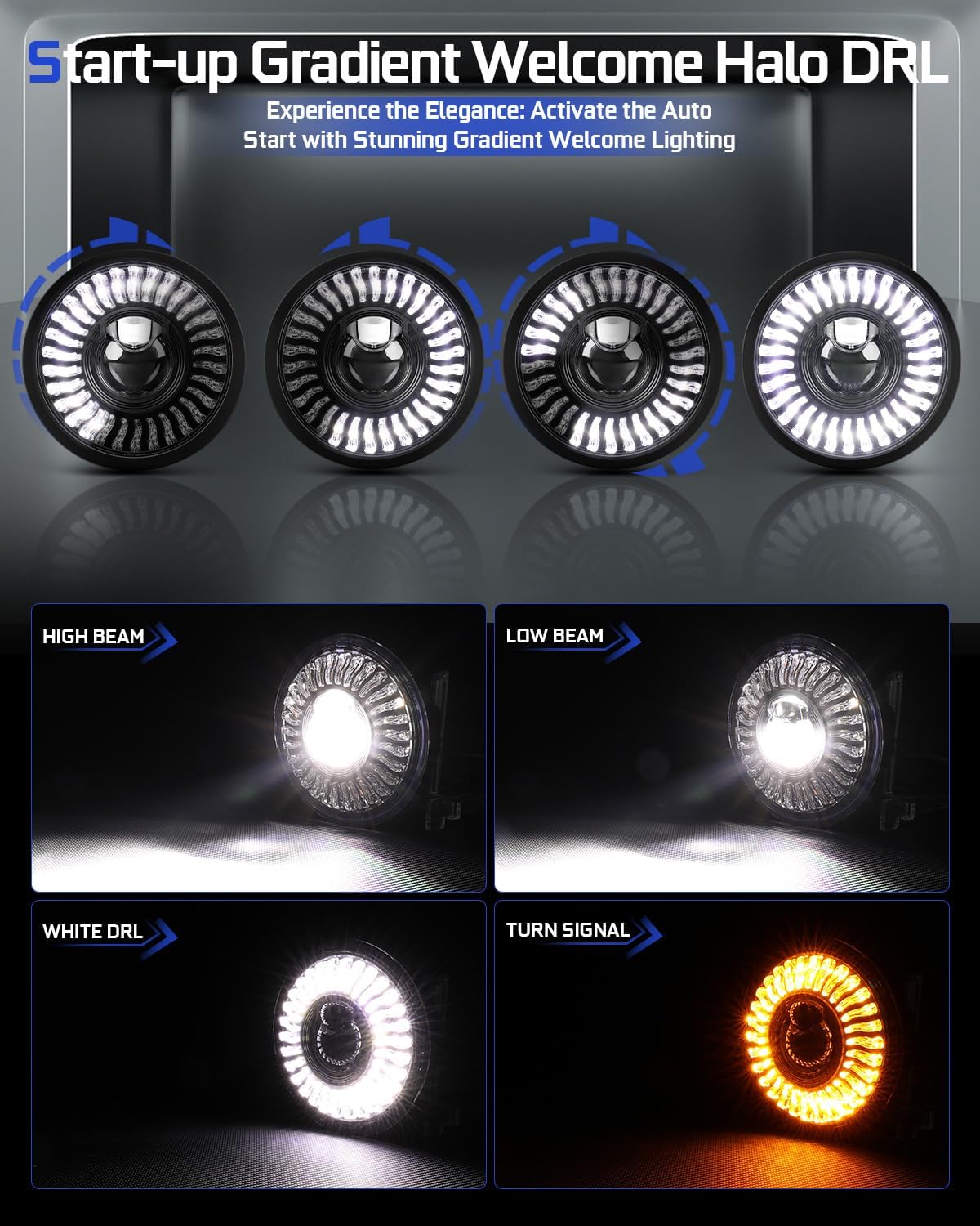 BraveWAY Anti-glare 5.75" LED Headlights, 5-3/4 inch Round Lights with Projector, Start-up Gradient Welcome Halo 4PCS (Sun)