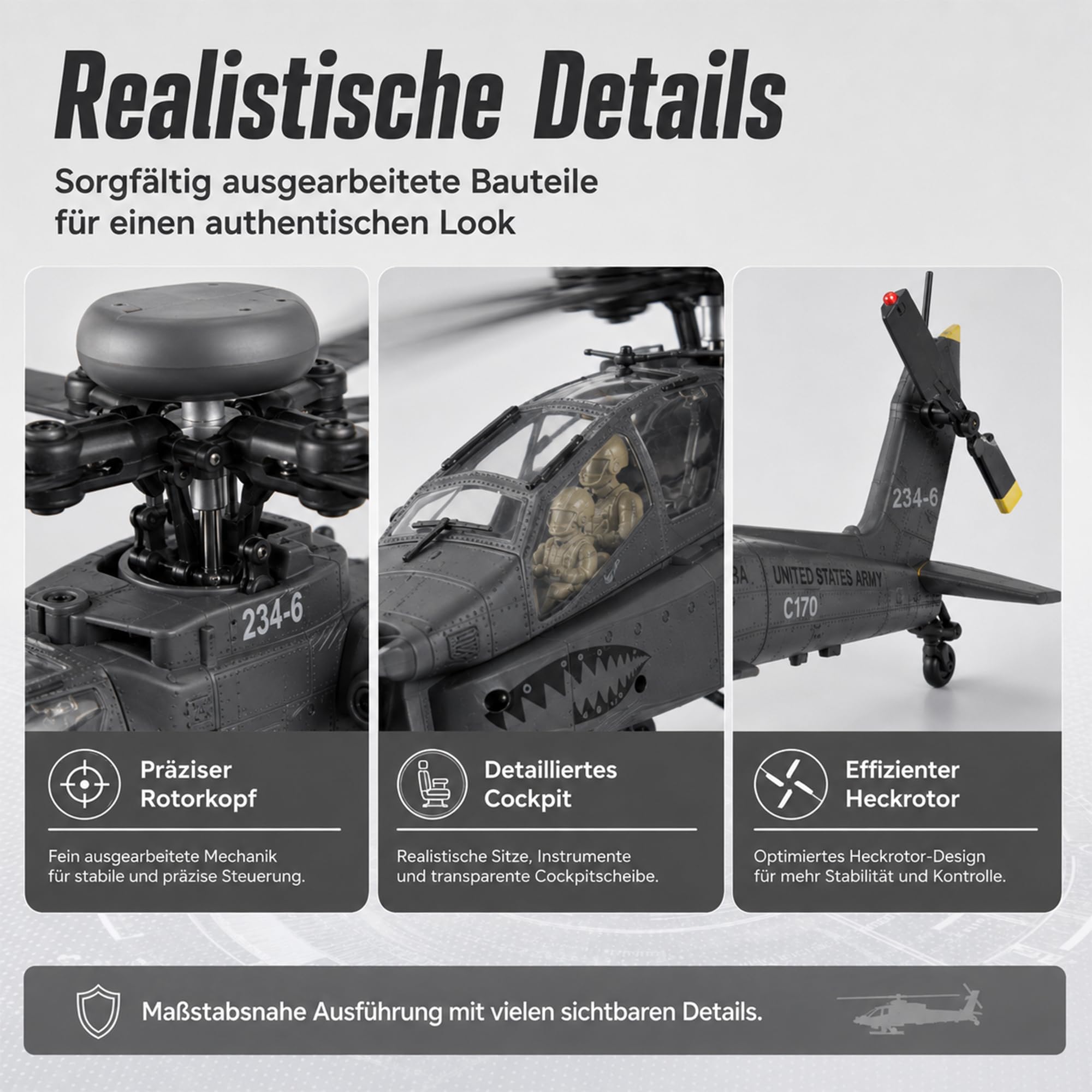 RC Hubschrauber C170 2,4GHz, 6-Kanal RC Helikopter mit 6-Achsen-Gyro, Optical Flow, TOF-Höhenhaltung, Brushless Motor, 3 Akkus (Dunkelgrau)