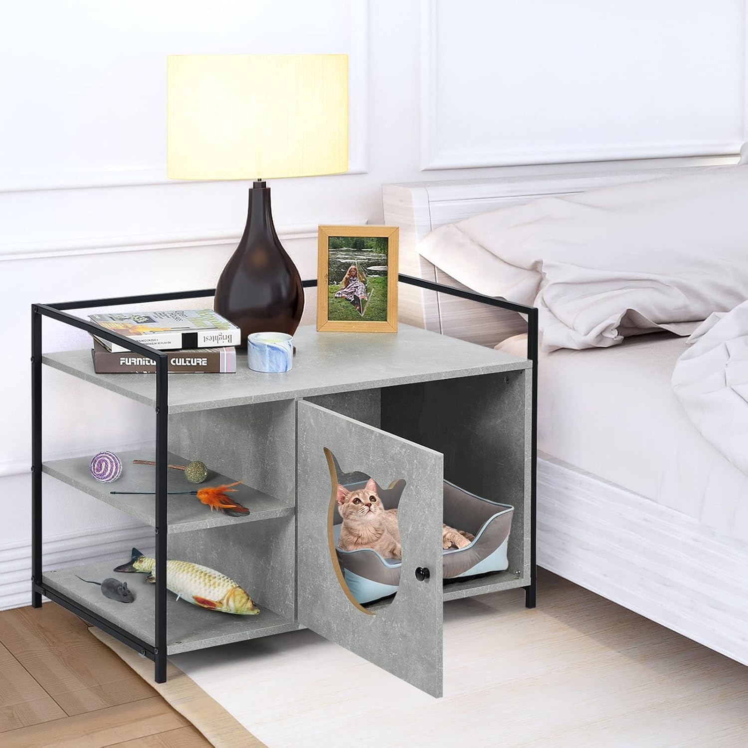 Tangkula Litter Box Enclosure with Shelves, 2-in-1 Hidden Cat Washroom & Side Table with Metal Frame, Wooden Cat Box Cabinet Litter Box Furniture (Grey)