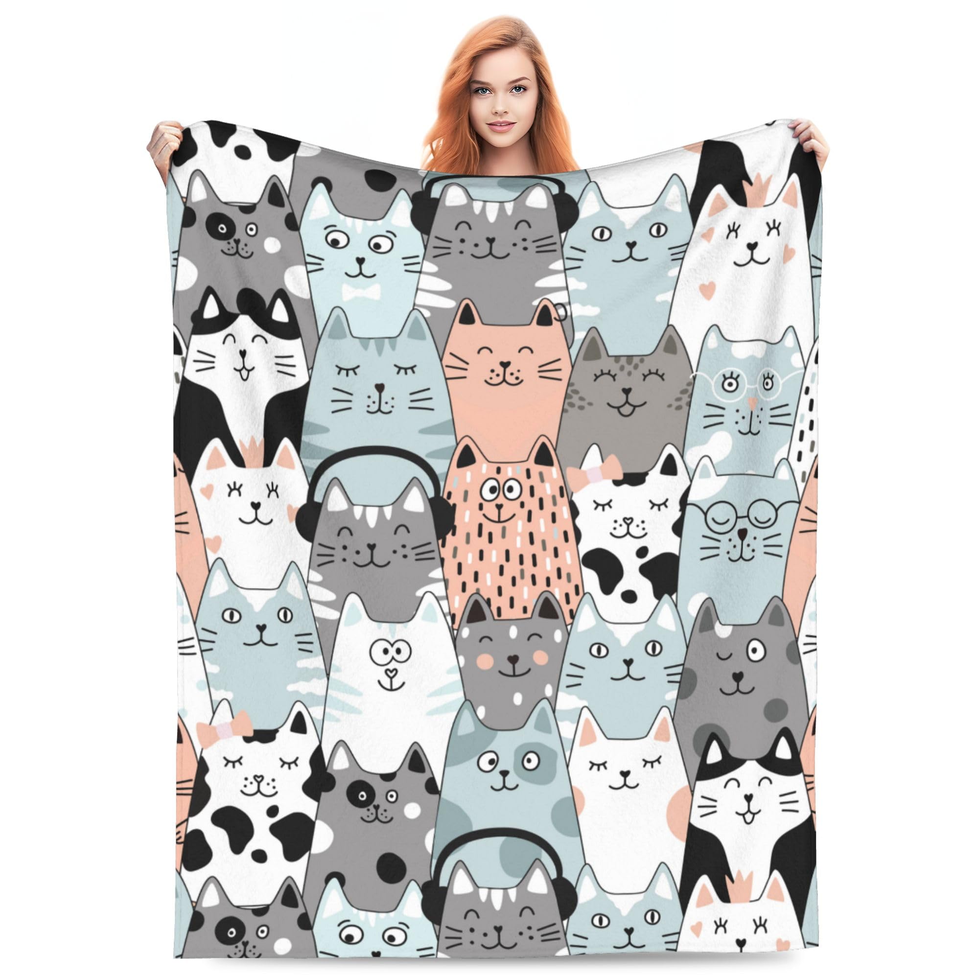 Manta de gato para niños, adultos y niñas, para cama, sala de estar, ropa de cama para sofá, suave, ligera, cálida, acogedora, linda, divertida manta de animales de dibujos animados, decoración blanca