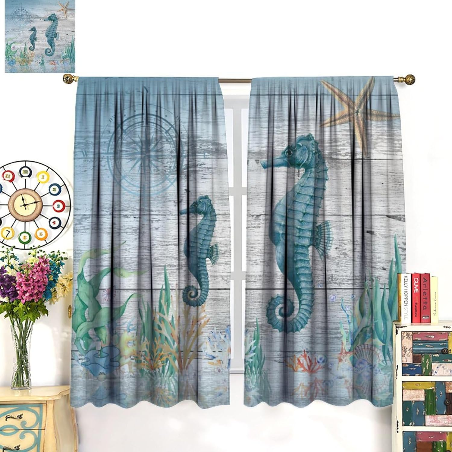 Sea Seahorse Curtains Retro Compass Wooden Nautical Coastal Ocean Seahorse Starfish Theme Window Drapes Rod Pocket Curtains Darkening Thermal Insulated for Living Room 63x63in