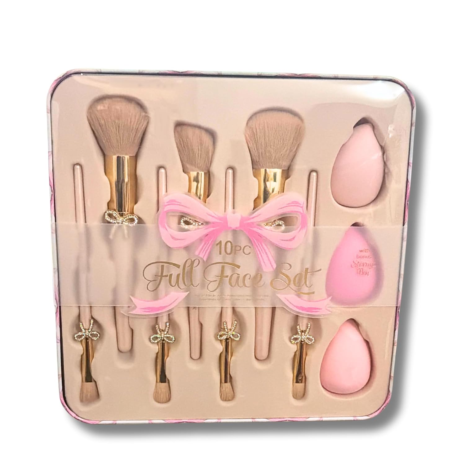 Glitz & Glam 11-Piece Full Face Makeup Brush & Sponge Set with Reusable Storage Tin (Coquette Pink Bow)