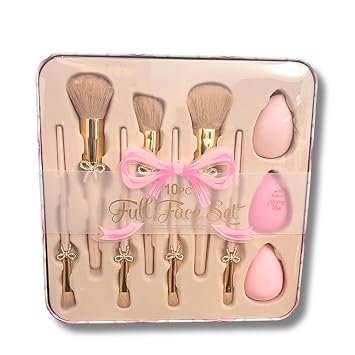 Glitz & Glam 11-Piece Full Face Makeup Brush & Sponge Set with Reusable Storage Tin Coquette Pink Bow