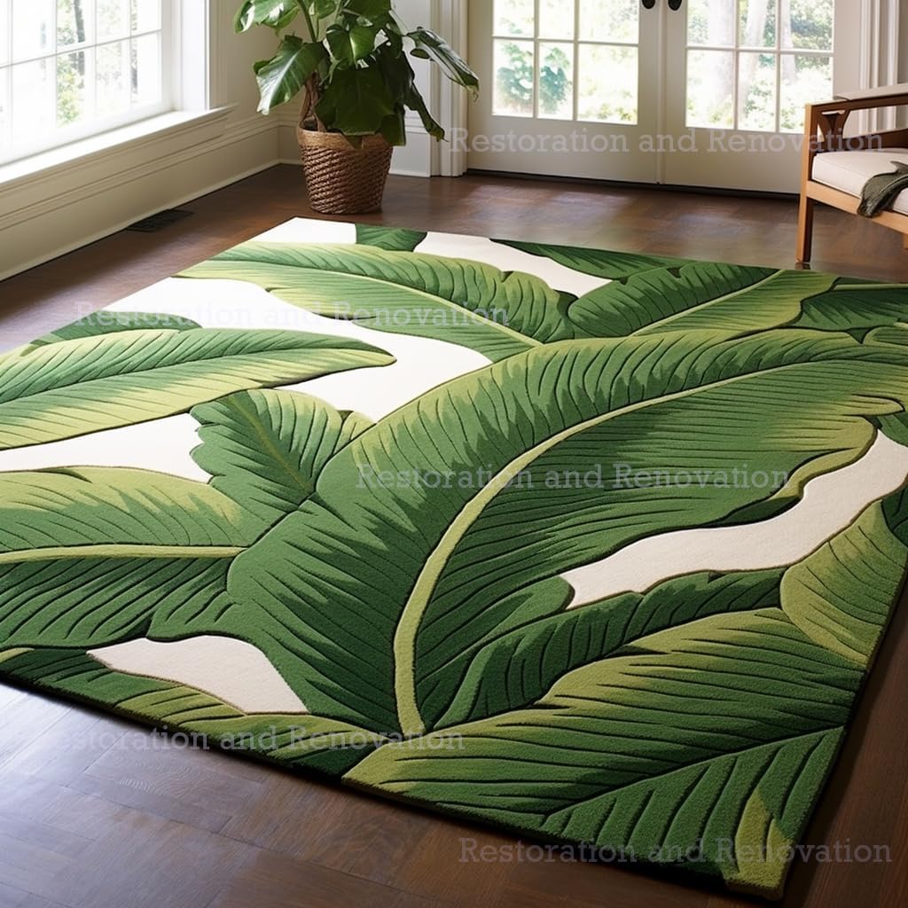 Restoration and Renovation Green Banana Leaf Pattern Wool Area Rug – Hand-Tufted Botanical Design, Thick & Soft Indoor Carpet – Ideal for Living Room, Bedroom, Entryway Decor (5' x 8', Leaf A)