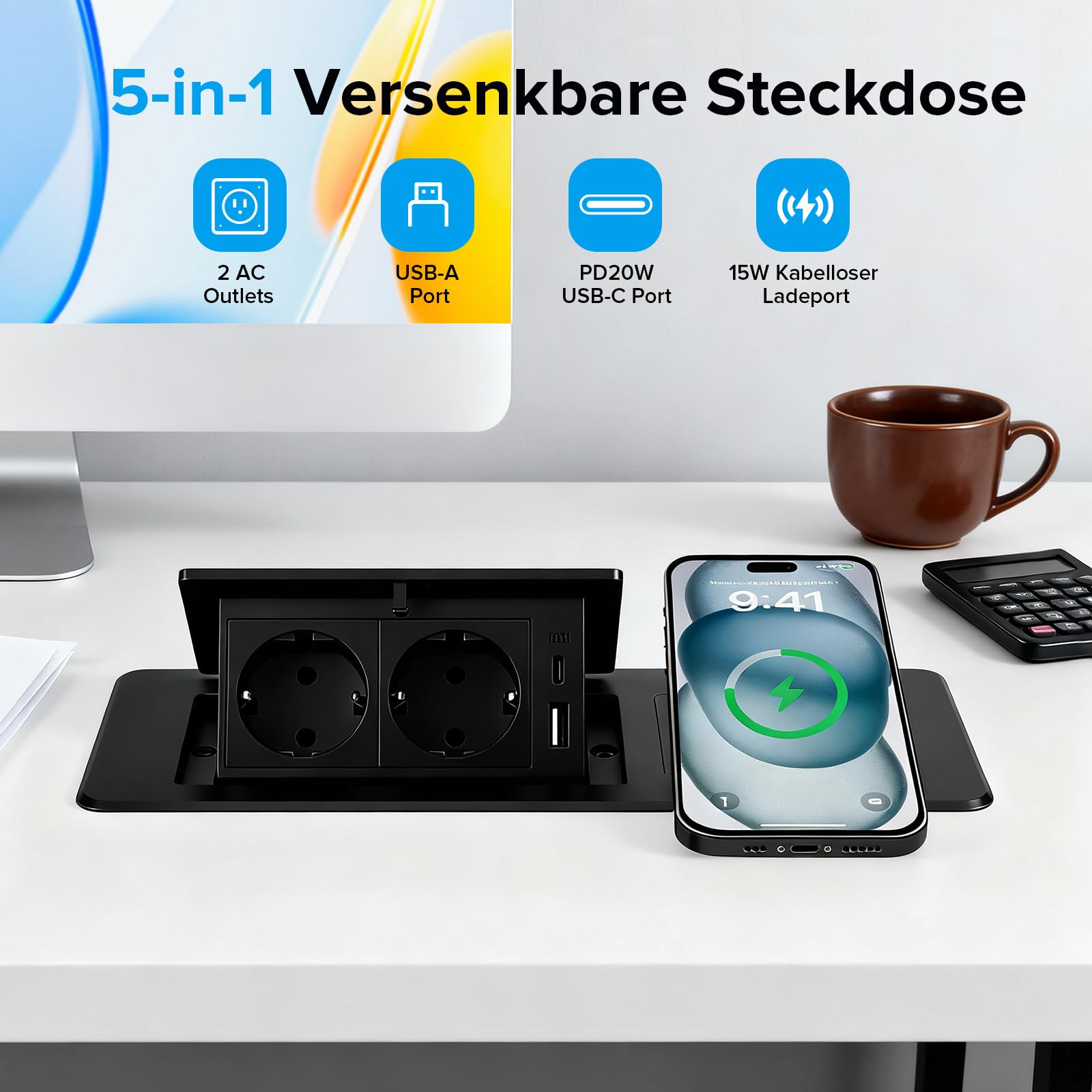 Enchufe retráctil con USB, regleta con cargador inalámbrico, apertura suave, aluminio moldeado, cable de conexión de 1,8 m, enchufe empotrable para cocina, escritorio, mesa de conferencias (negro)