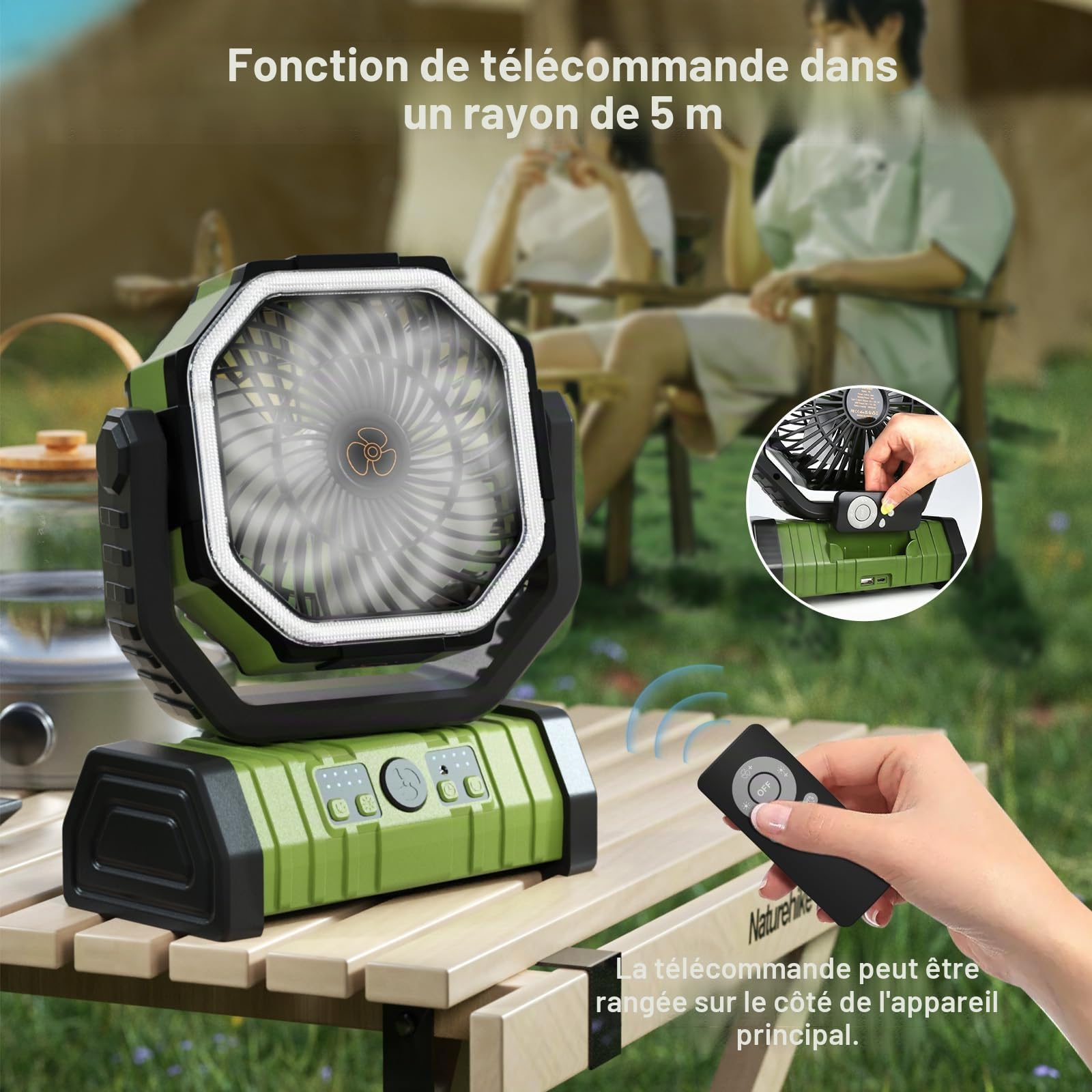 Ventilateur de Camping Portable avec Lumière LED, 4 Niveaux 20000 mAh avec Télécommande et Crochet Ventilateur de Table USB Silencieux pour Pêche, Pique-Nique, Barbecue, Randonnée