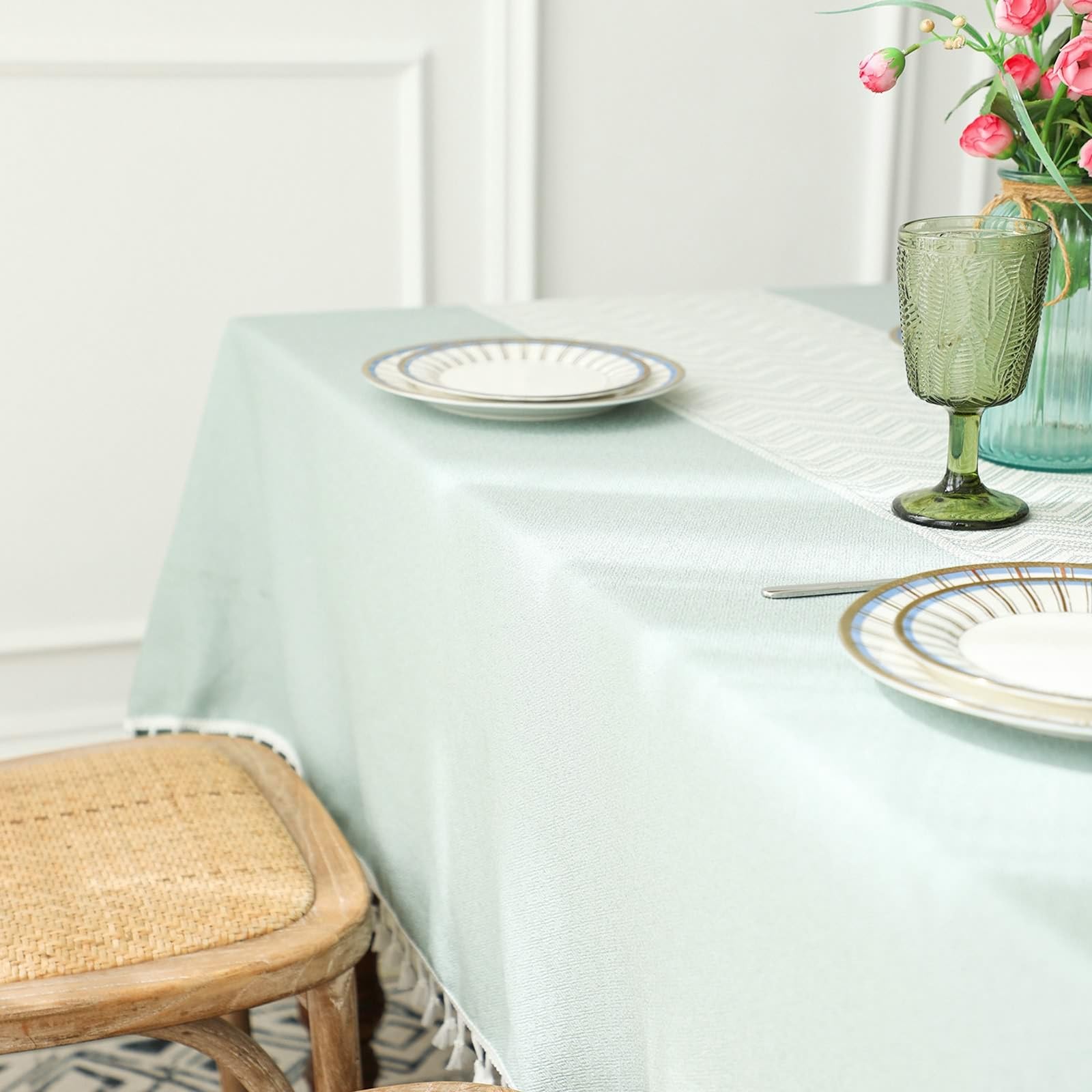 Daesar Mantel Salón Rectangular,Manteles Poliéster Antimanchas Empalme de Rayas Onduladas con Borlas Manteles de Mesa Comedor Verde,100x160CM(63x39Inch)