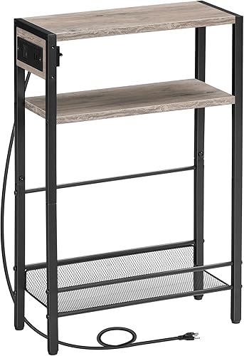 HOOBRO Mesa auxiliar pequeña y estrecha con estación de carga, mesa auxiliar delgada para espacios pequeños, mesita de noche delgada con salida de