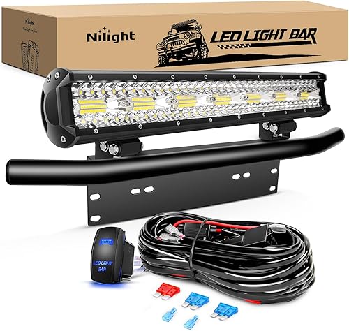 Nilight 20 Inch 420W Triple Row Flood Spot Combo 42000LM Light Bar Driving Boat Led Off Road Lights with Front License Plate Frame Bracket and
