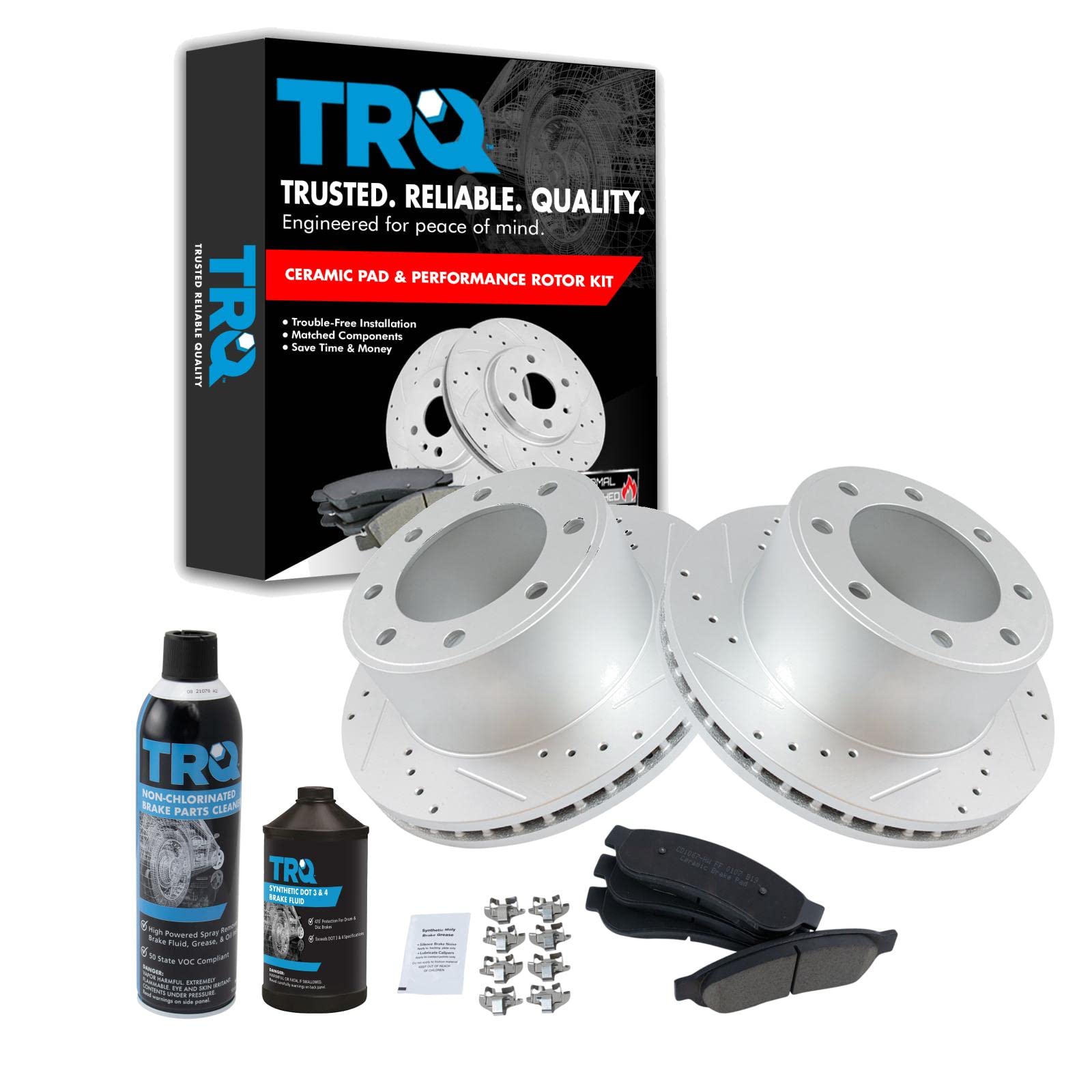 TRQ Rear Performance Brake Pad &amp; Rotor Kit, with Chemical Kit Ceramic Premium G-Coated Compatible with 2008-2012 Ford F-250 Super Duty F-350 Super Duty