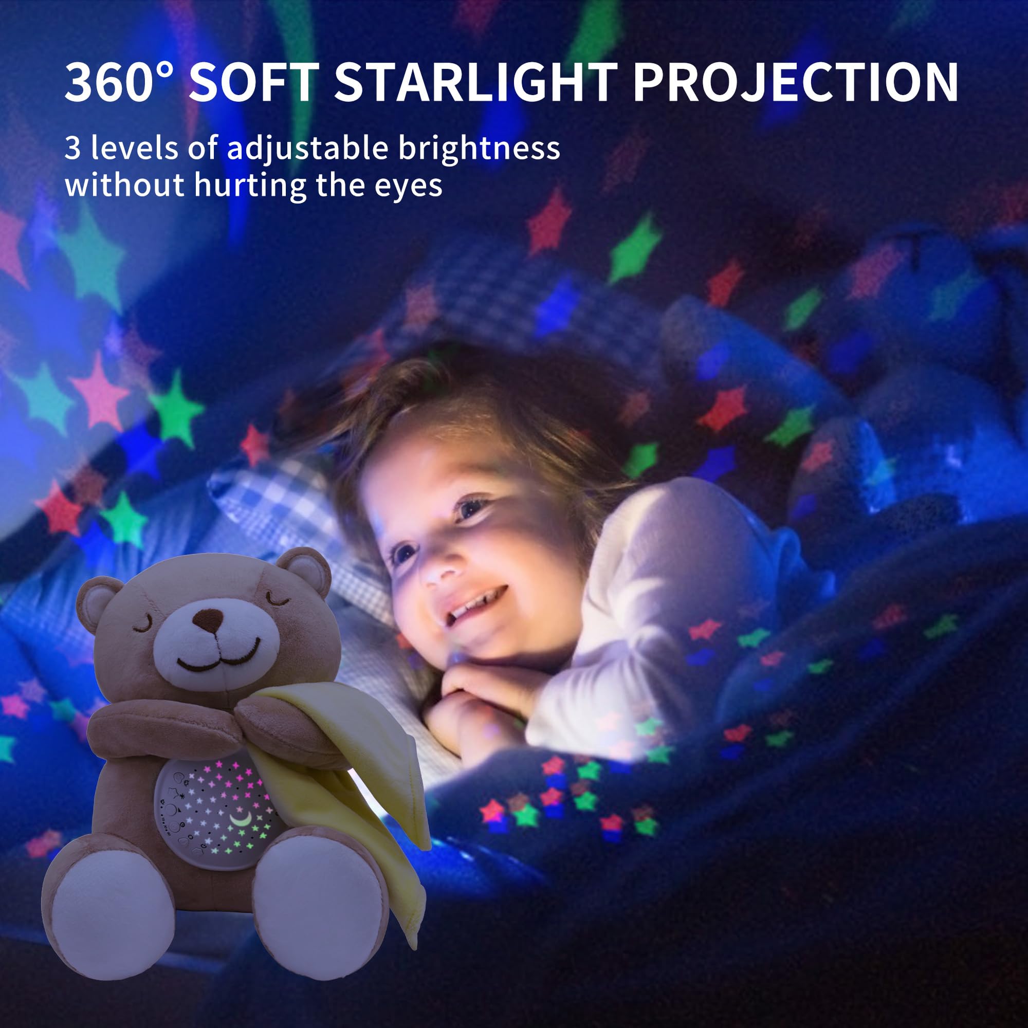 APUNOL Carillon Neonati, Peluche per Nanna, Luce Notturna Bambini Ricaricabile USB Regalo Neonate Giocattolo Teddy con Sensore di Pianto, Proiettore Stele e Rumori Bianchi