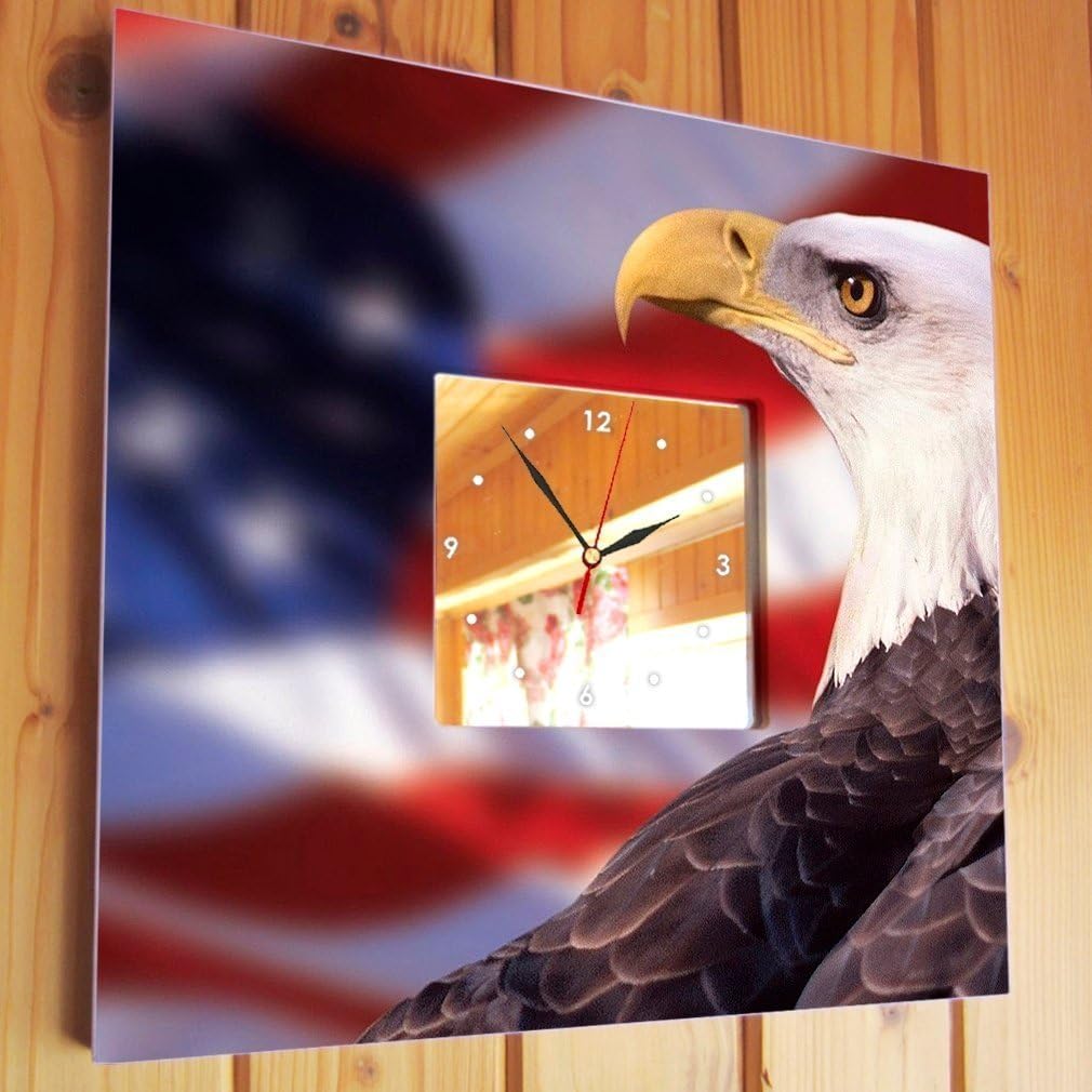 American Flag and Bald Eagle Wall Clock Framed Mirror Printed USA Fan Art Home Patriotic Decor Gift