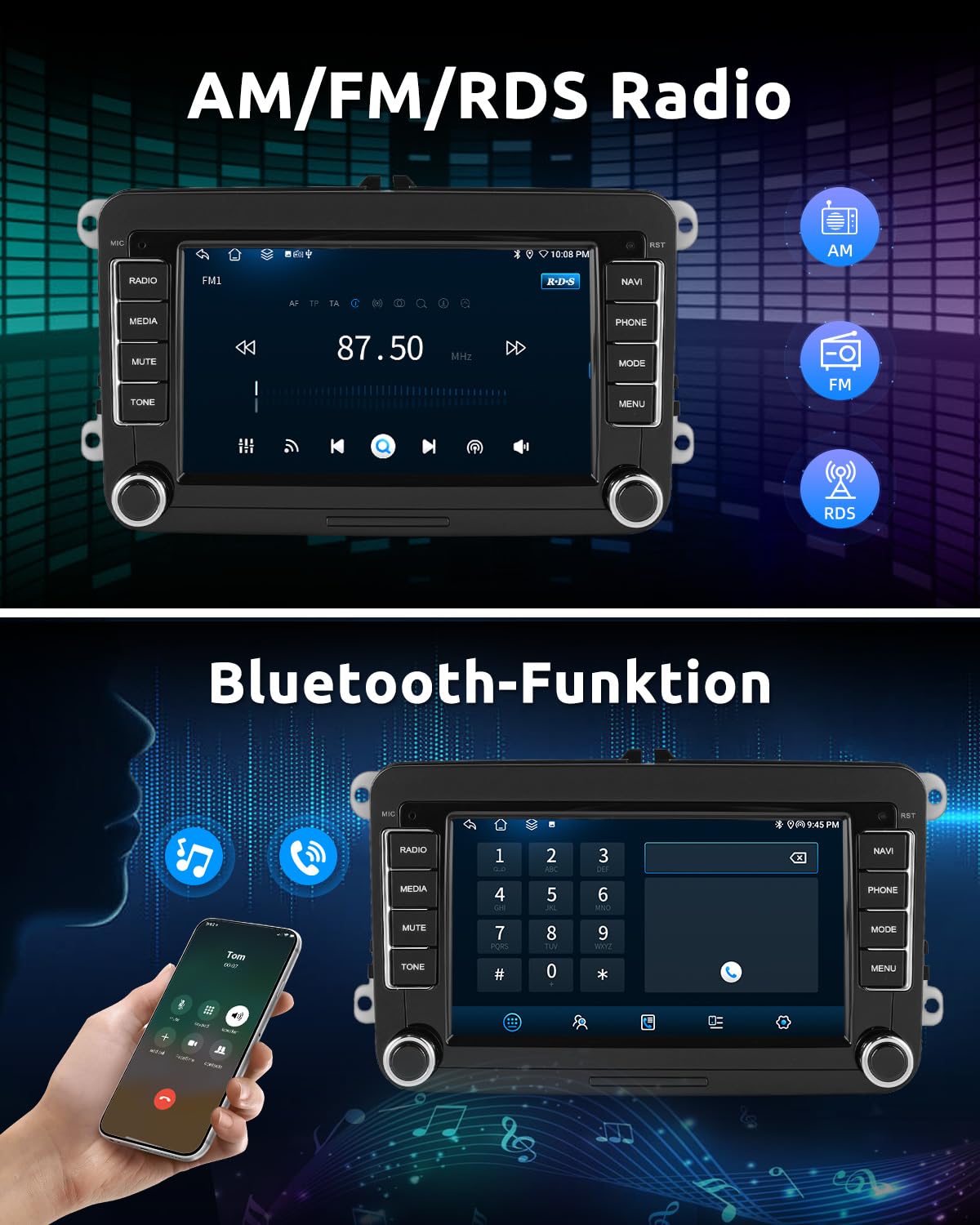 ESSGOO 4+64G Android 15 Wireless CarPlay Android Auto Autoradio Für VW Golf MK5 MK6 Polo Caddy Passat Seat RCD330 RCD360,Bluetooth Radio mit 7 Zoll Touch Screen FM RDS GPS Navi WiFi + AHD Kamera
