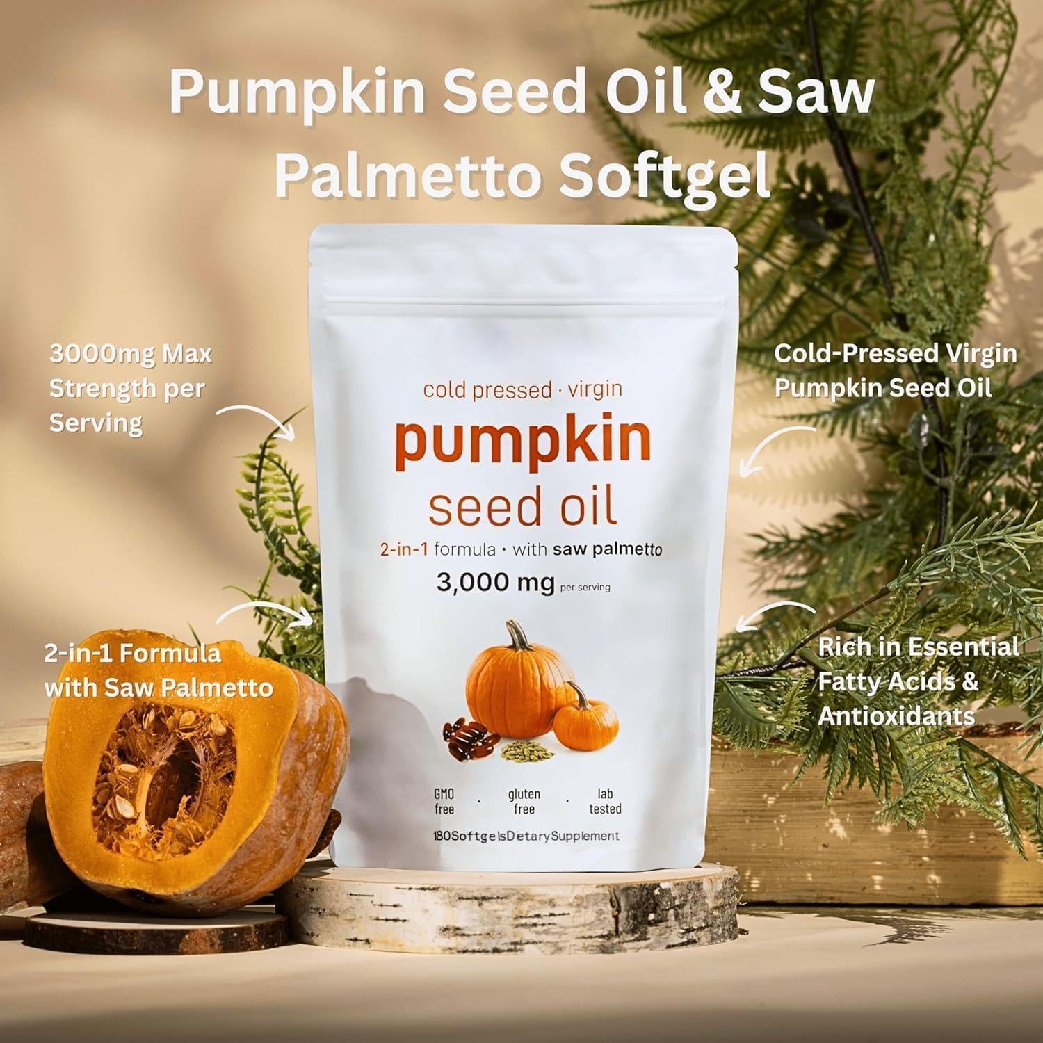 Pumpkin Seed Oil Capsules with Saw Palmetto – 3000mg Cold-Pressed Blend for Hair Growth, Prostate & Urinary Support – Non-GMO Herbal Supplement (180 Softgels) — Amazon image 7