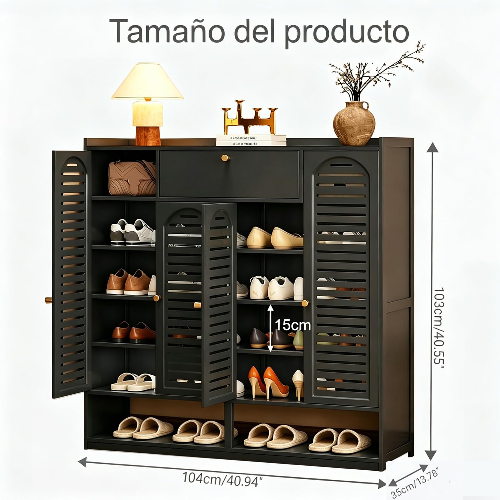 Zapatero de Bambú de 7 Niveles, Zapatero para Recibidor, Rran Zapatero con Puerta Enrollable, Zapatero Independiente con Estante Regulable, Ideal para Pasillo y Salón (Negro)