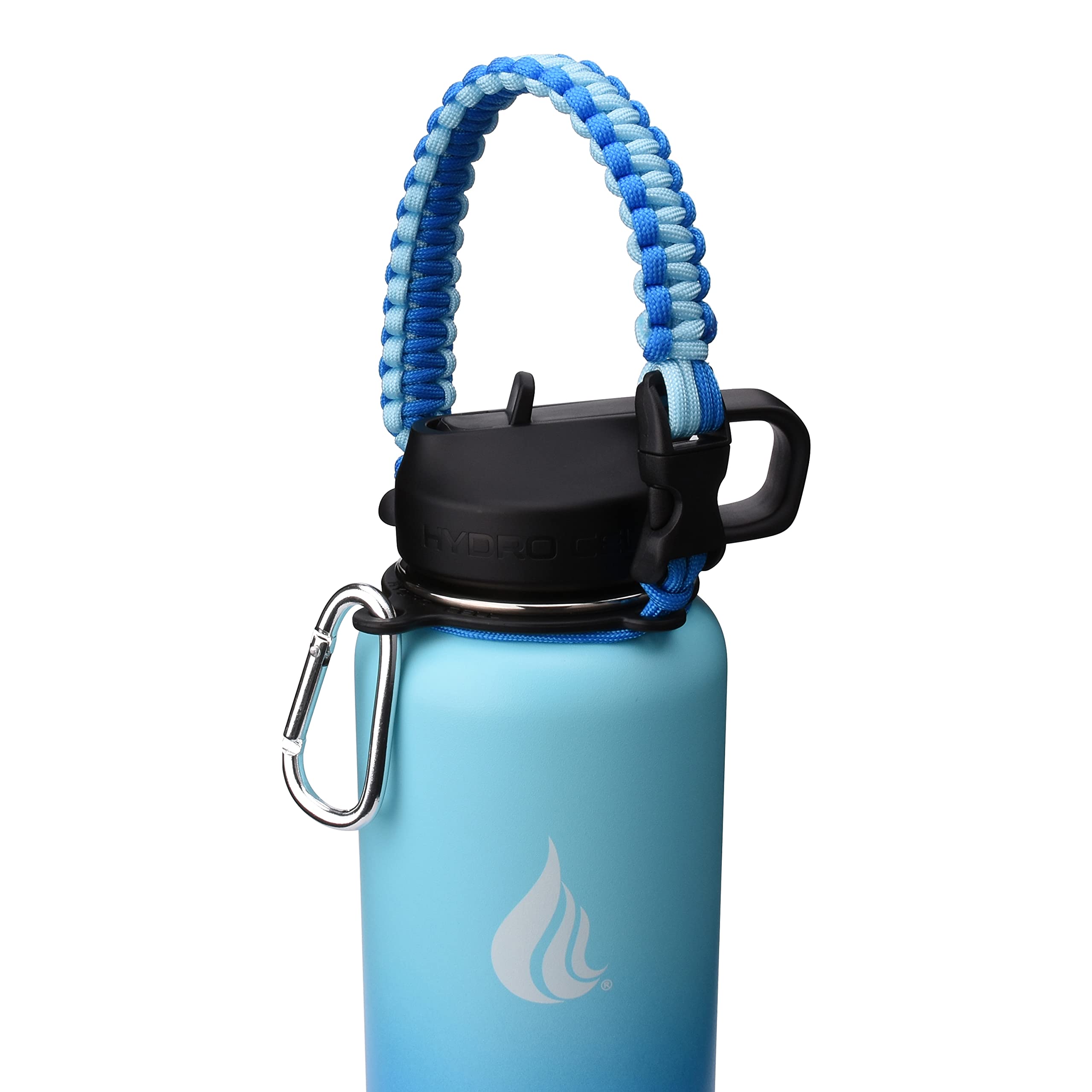 HYDRO CELL Paracord Handle for Wide Mouth Water Bottles - Carrier Strap w/Attachment Ring and Carabiner Accessory. Compatible w/ 64oz, 40oz 32oz, 24oz, 18oz, 14oz Insulated Bottles