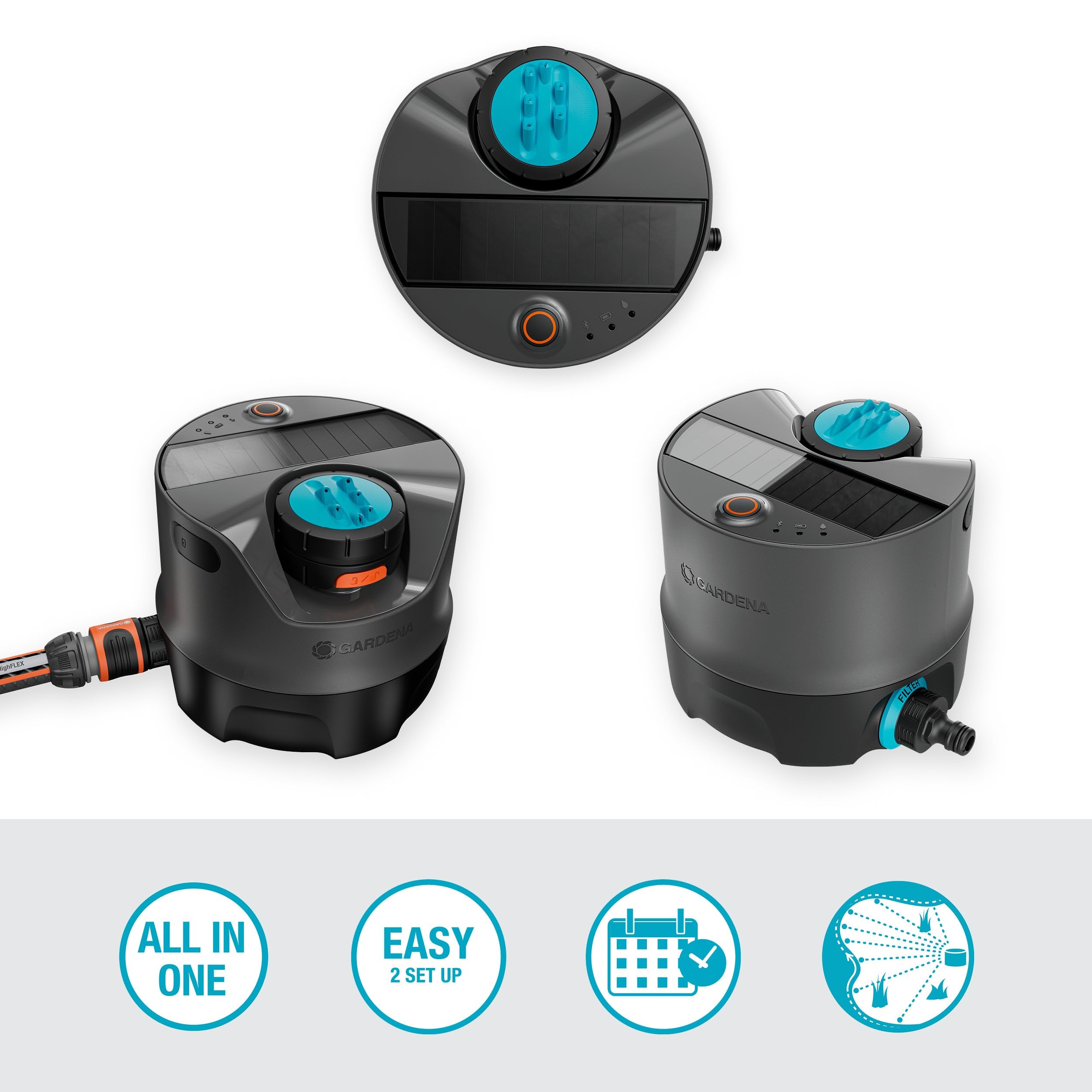 Gardena AquaPrecise Bewässerungssystem für Rasenflächen bis zu 320 m²: solarbetrieben, gleichmäßige Wasserverteilung, für jede Gartenform, Bluetooth, einfache Installation (16000-20)